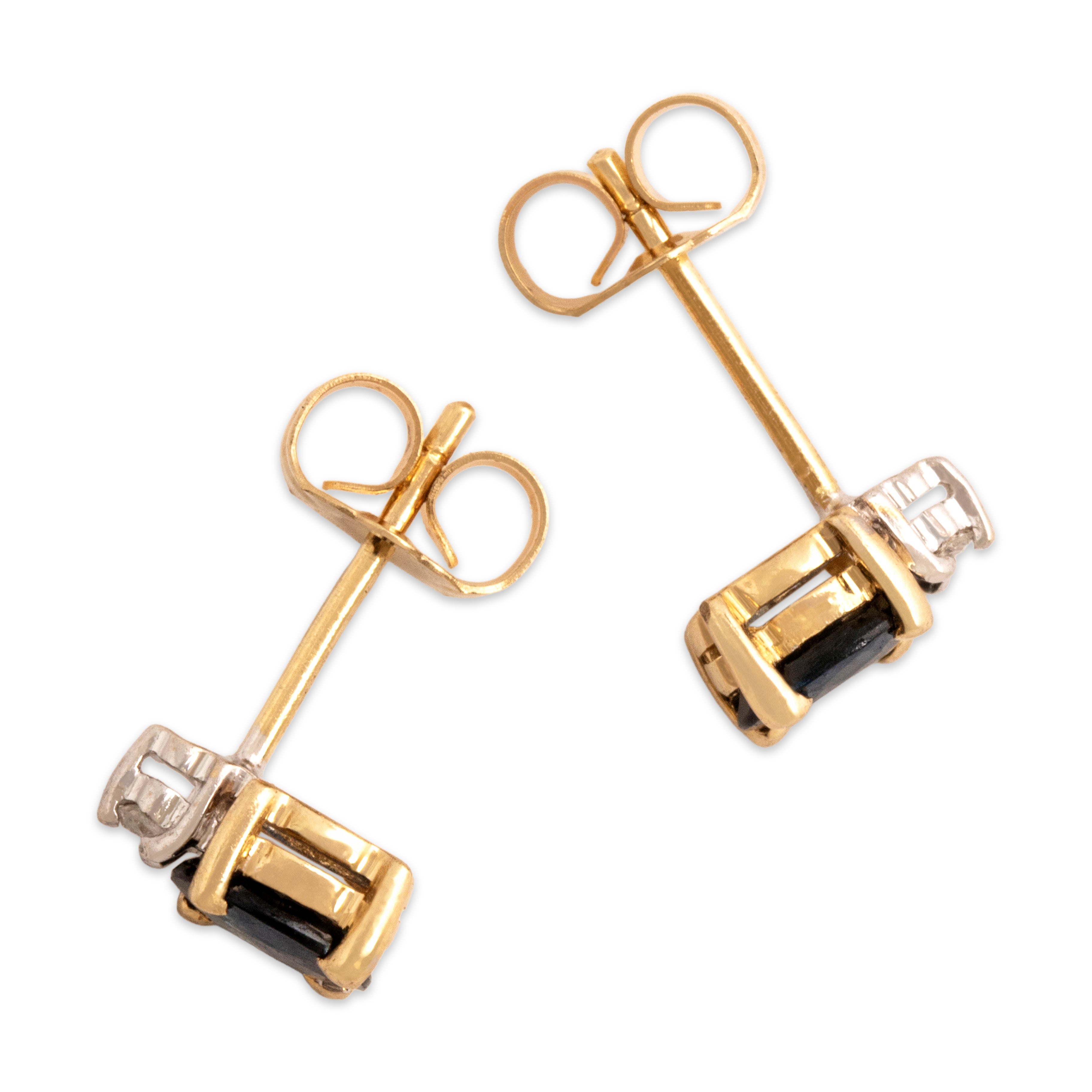 Vintage Small 14k Yellow Gold .61cttw Blue Sapphire Diamond Stacked Duo Stud Earrings - Side view