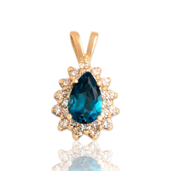 Vintage 14k Yellow Gold .9ct London Blue Topaz Diamond Glittering Oceanic Pendant