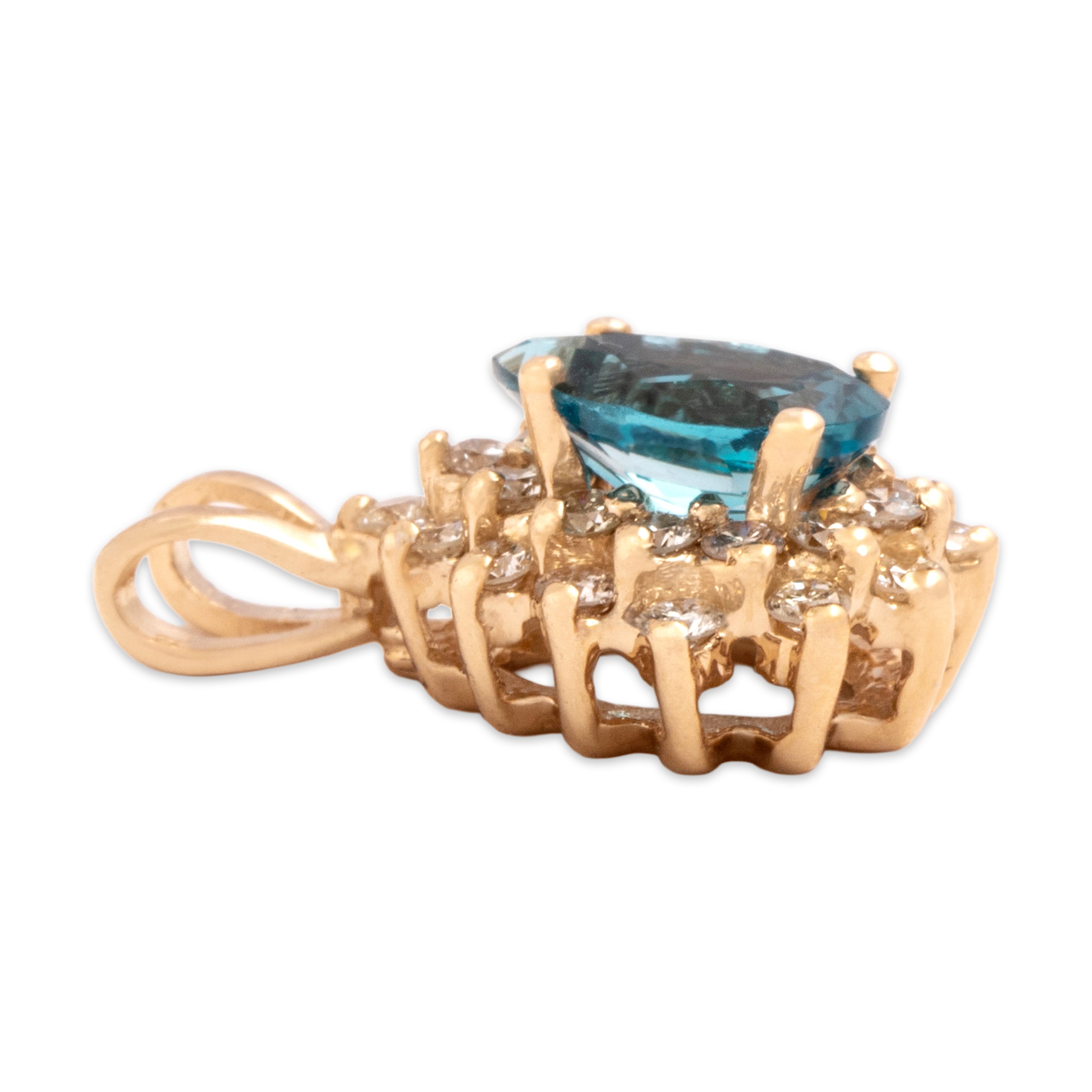 Vintage 14k Yellow Gold .9ct London Blue Topaz Diamond Glittering Oceanic Halo Pendant - Side view