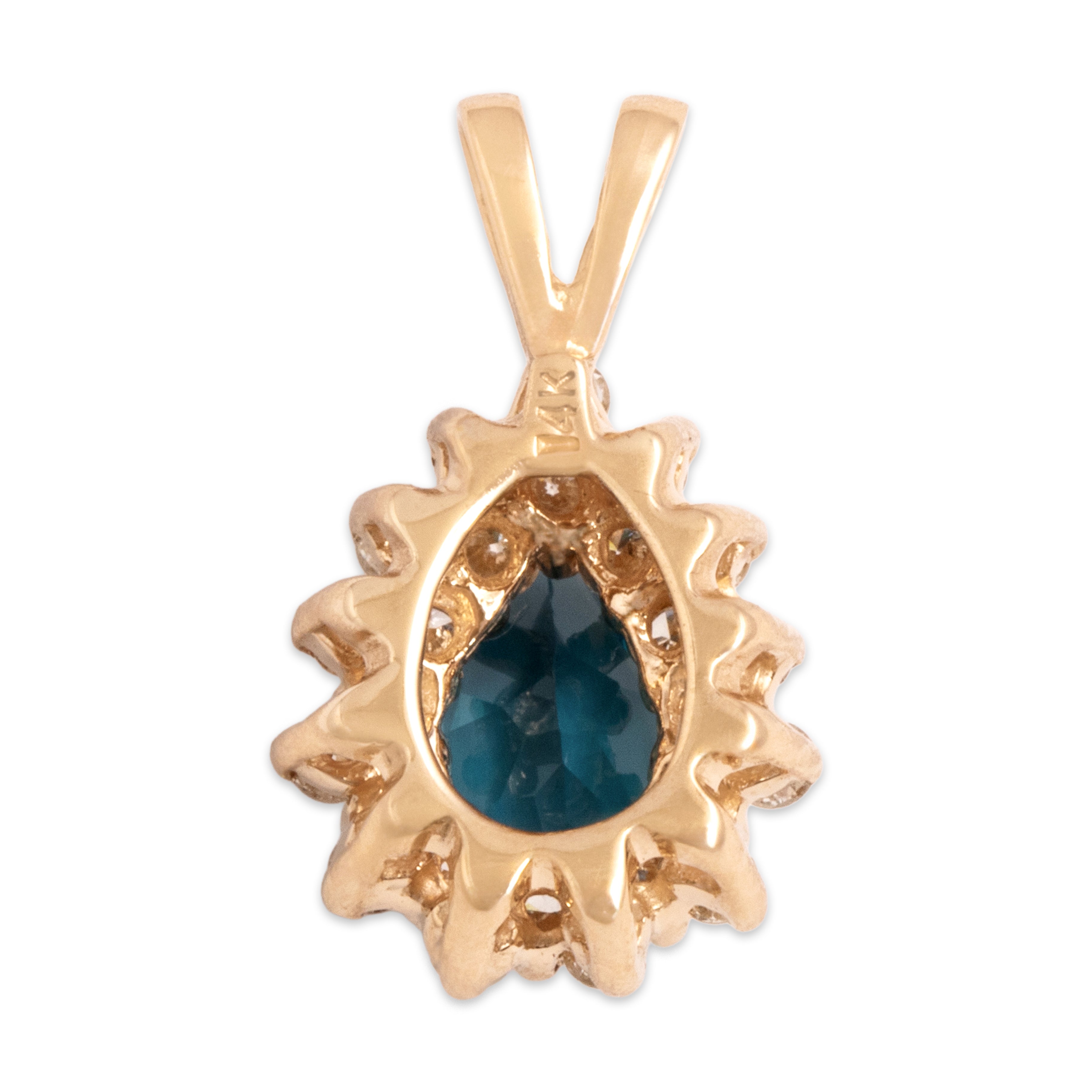 Vintage 14k Yellow Gold .9ct London Blue Topaz Diamond Glittering Oceanic Halo Pendant - Back view