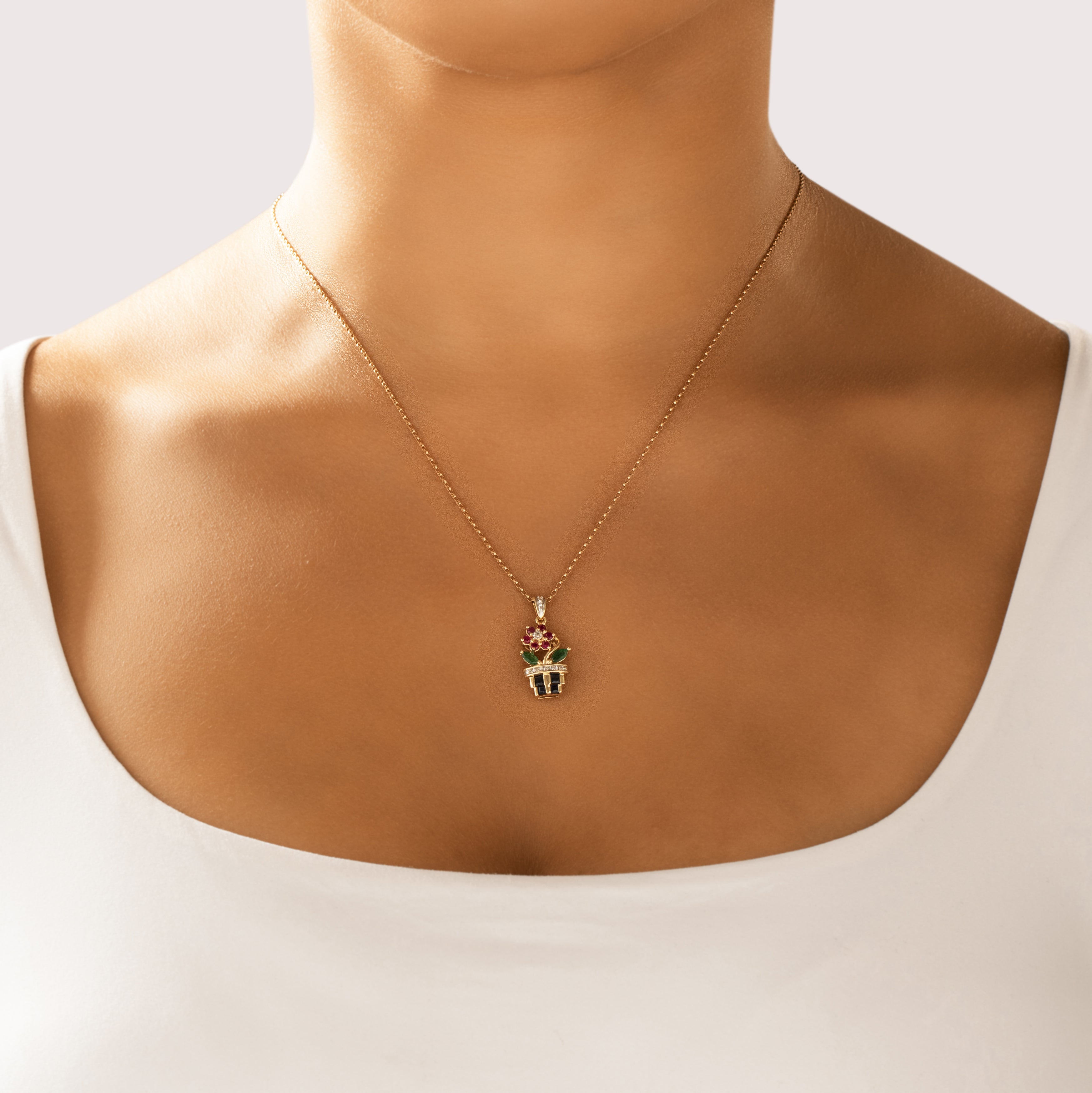 Vintage 14k Yellow Gold Ruby Blue Sapphire Emerald Diamond Blooming Flower Vase Charm / Pendant - On model view