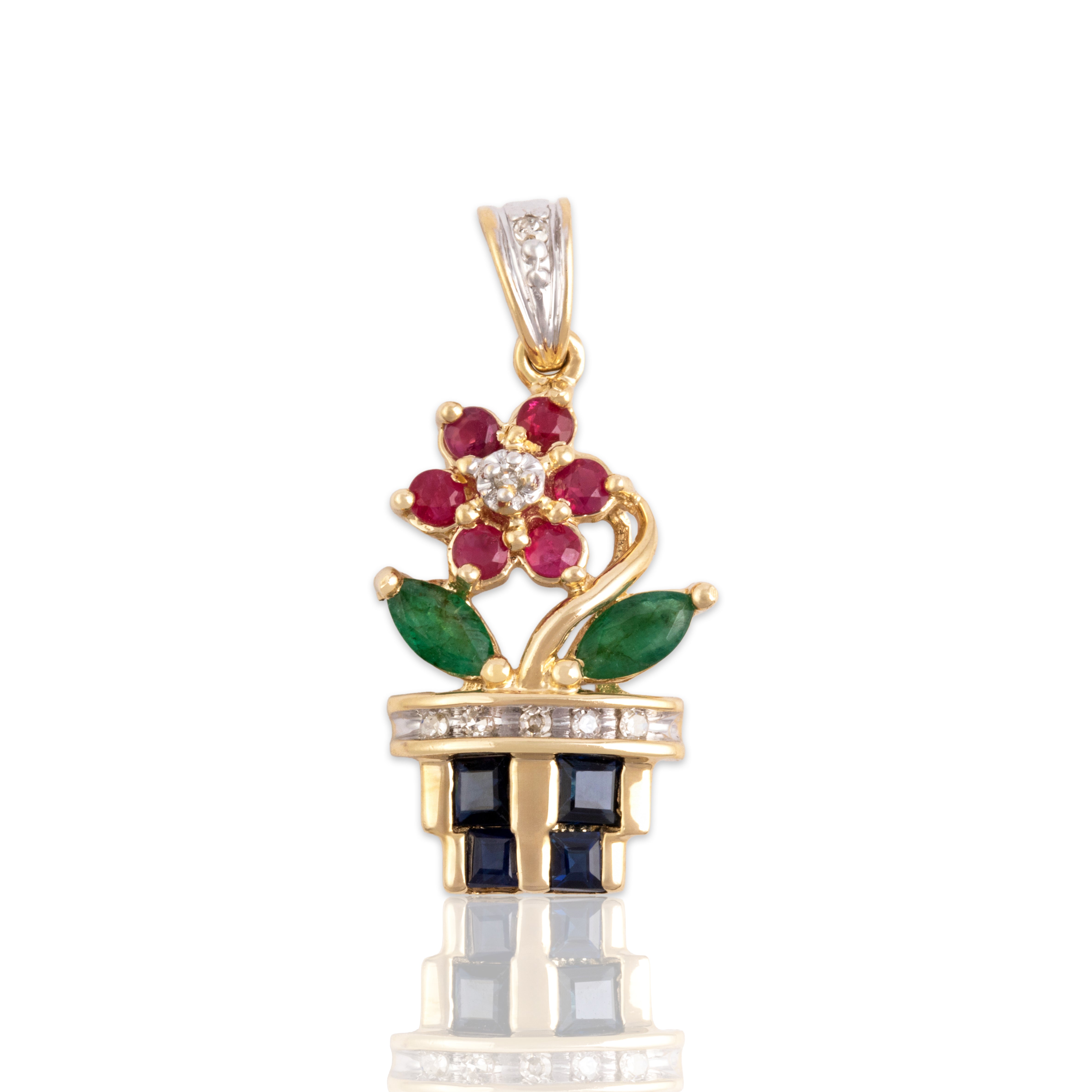 Vintage 14k Yellow Gold Ruby Blue Sapphire Emerald Diamond Blooming Flower Vase Charm / Pendant - Close-up view