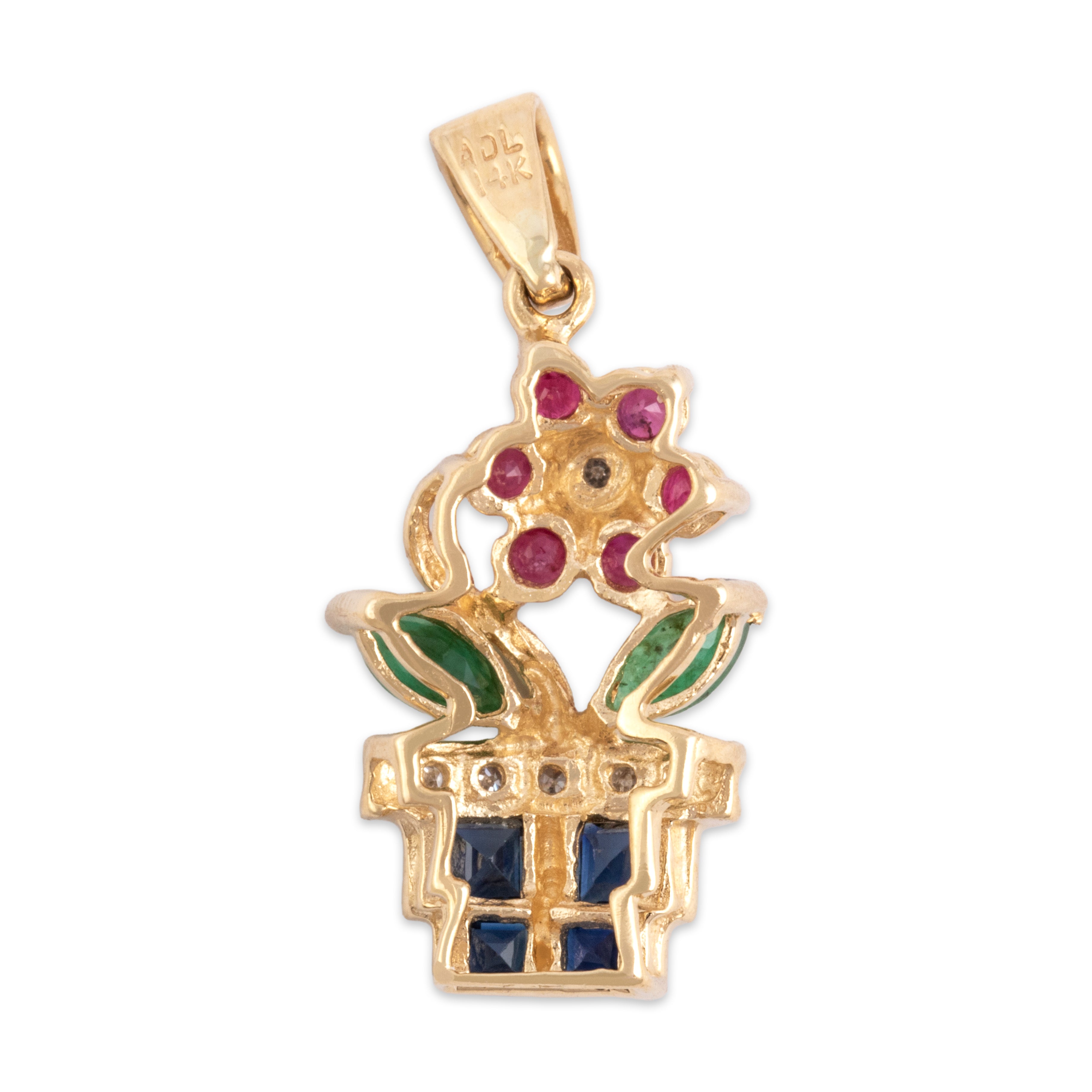 Vintage 14k Yellow Gold Ruby Blue Sapphire Emerald Diamond Blooming Flower Vase Charm / Pendant - Back view