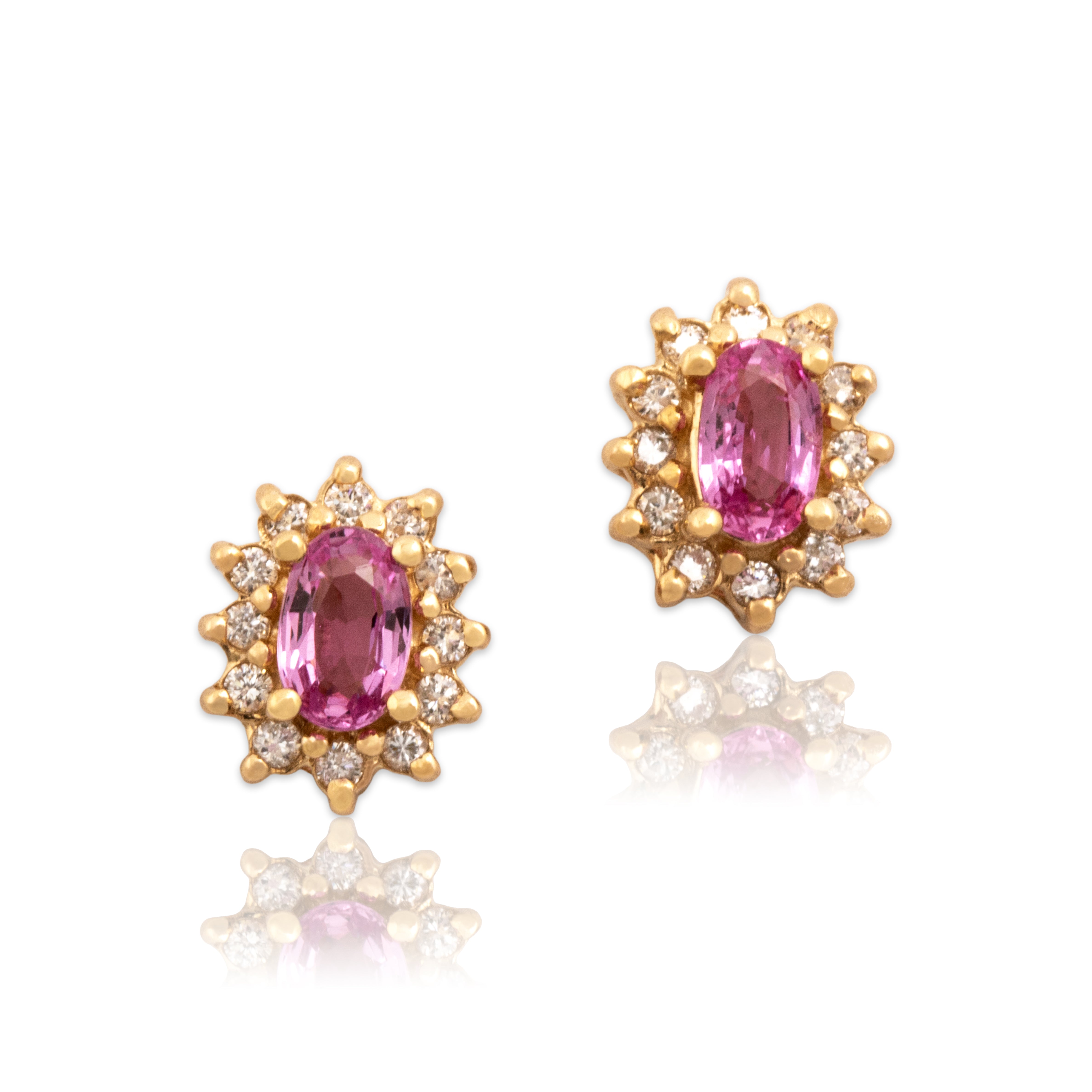 Vintage 14k Yellow Gold .52cttw Pink Sapphire Diamond Fabulous Oval Halo Stud Earrings - Close-up view
