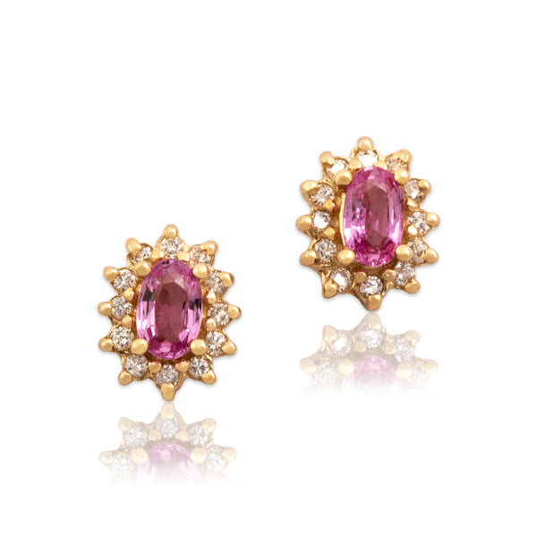 Vintage 14k Yellow Gold .52cttw Pink Sapphire Diamond Fabulous Halo Stud Earrings