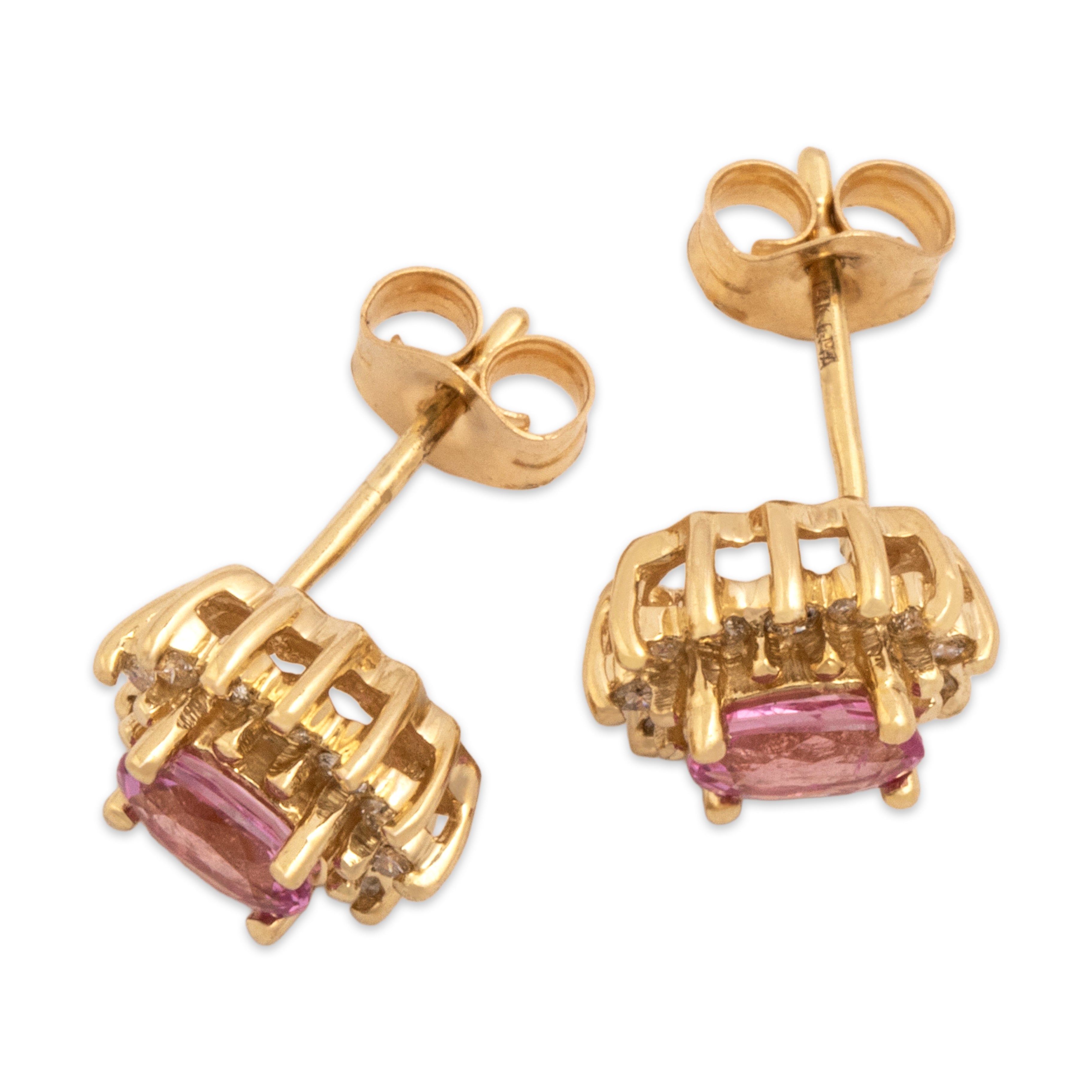 Vintage 14k Yellow Gold .52cttw Pink Sapphire Diamond Fabulous Oval Halo Stud Earrings - Overall view