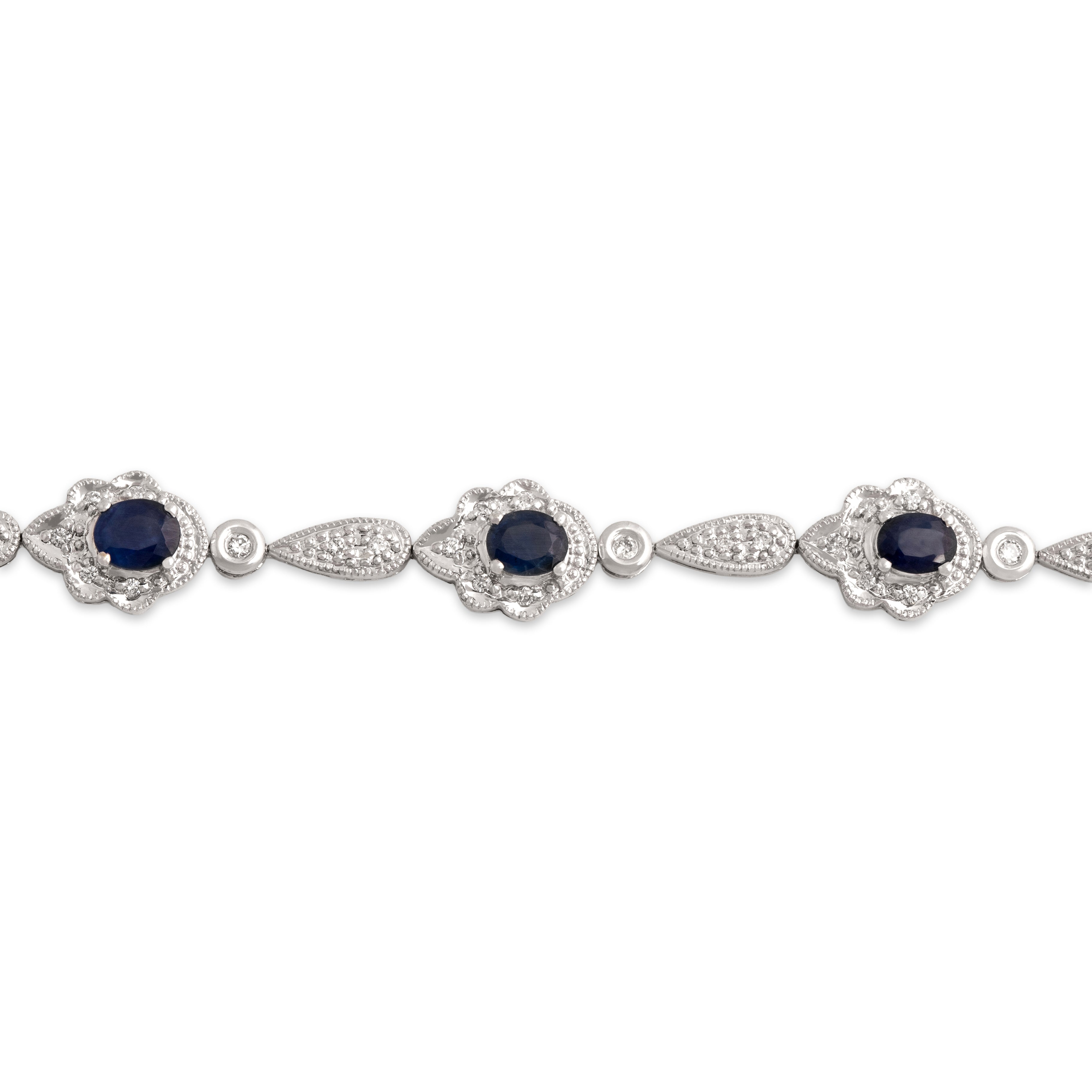 Vintage 14k White Gold 2.15cttw Blue Sapphire Diamond Glittering Ornate Link Bracelet - Close-up view
