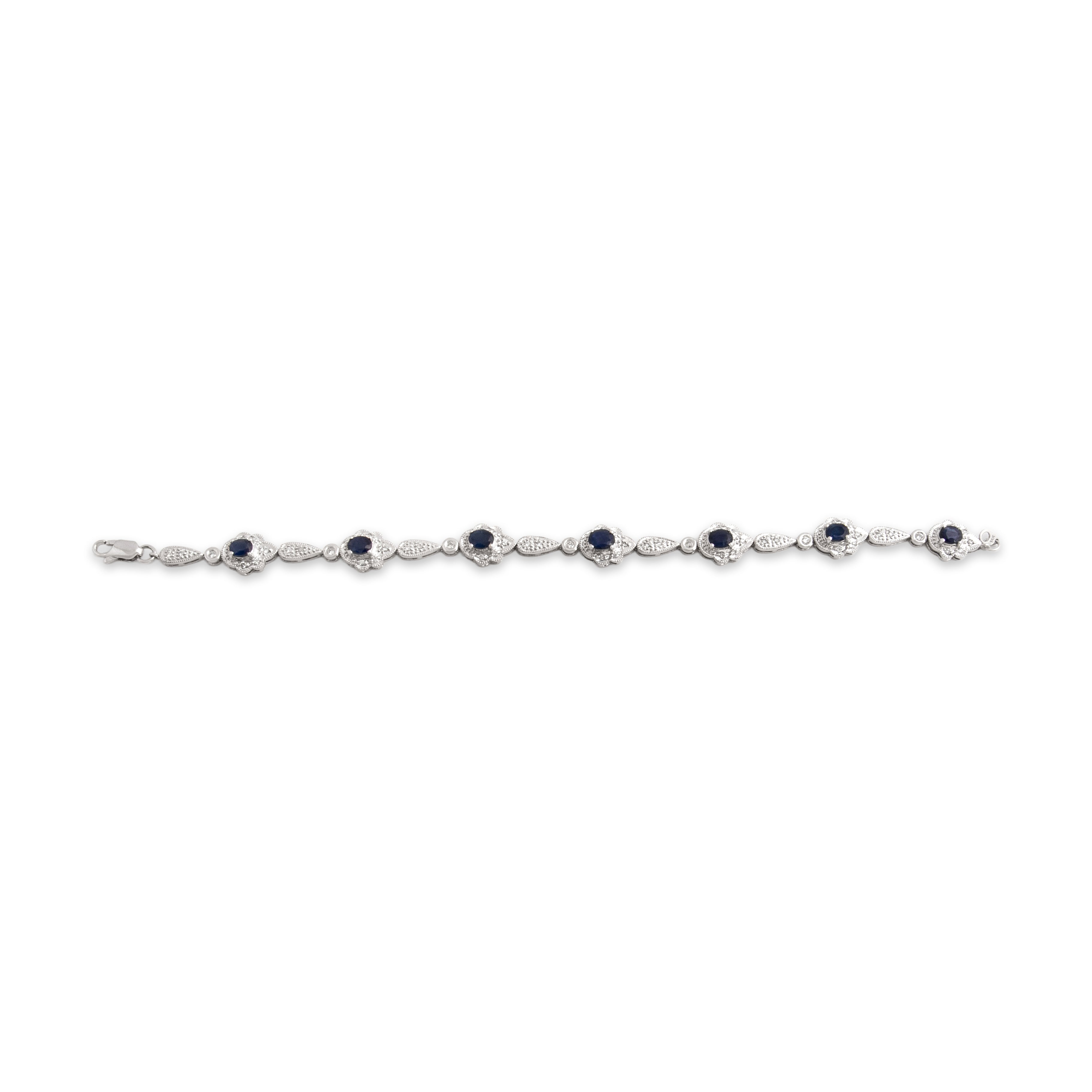 Vintage 14k White Gold 2.15cttw Blue Sapphire Diamond Glittering Ornate Link Bracelet - Overall view