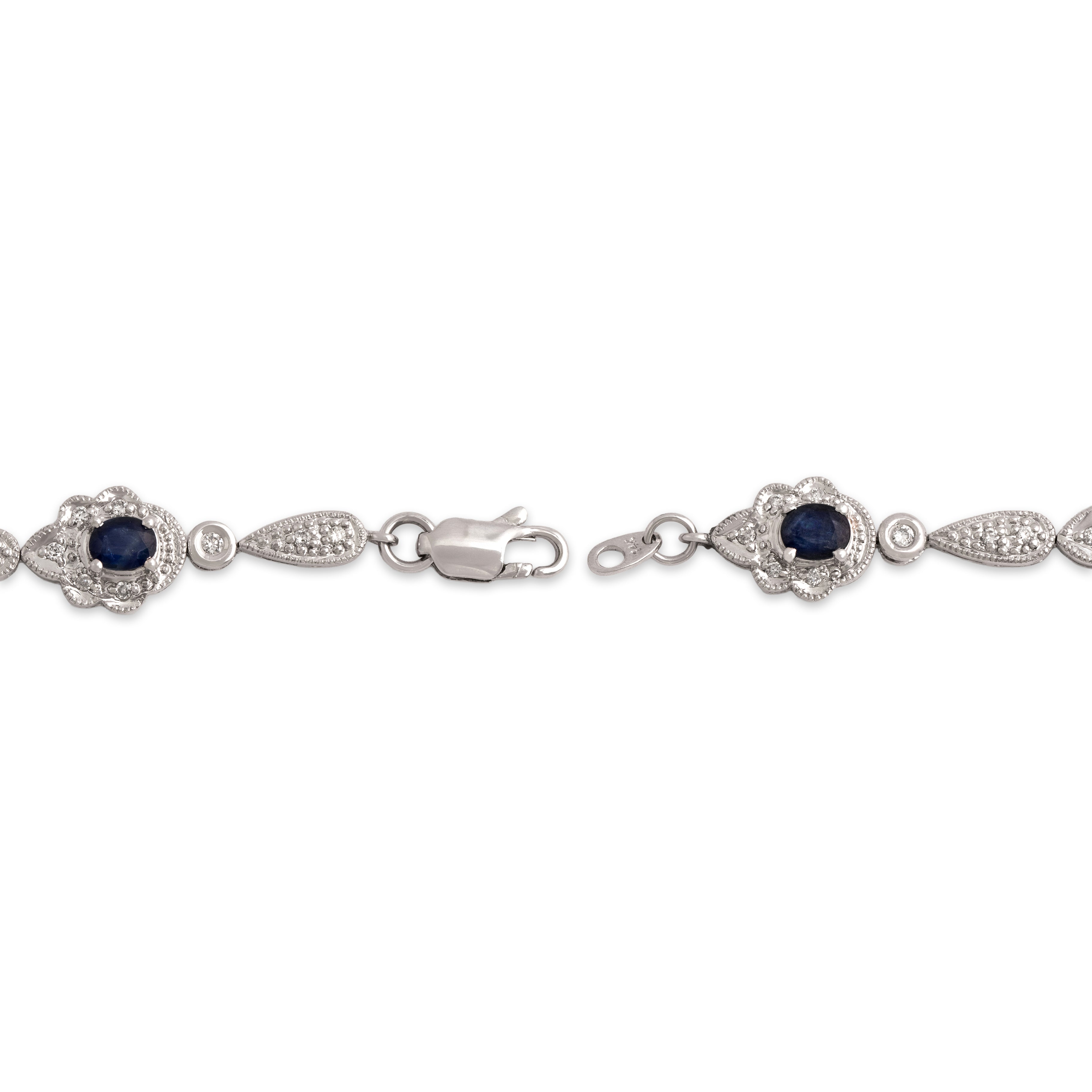 Vintage 14k White Gold 2.15cttw Blue Sapphire Diamond Glittering Ornate Link Bracelet - clasp view