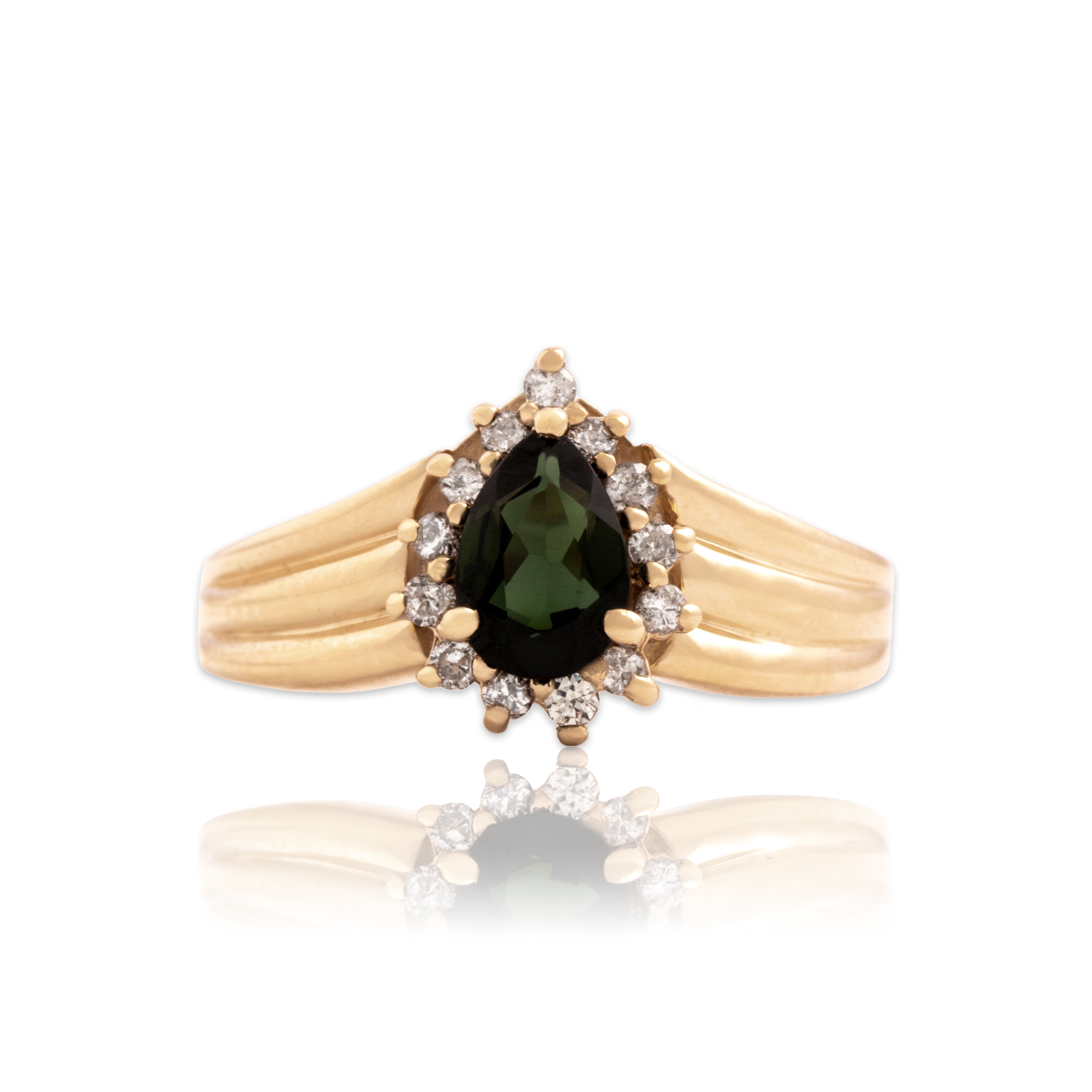 Vintage 14k Yellow Gold .51ct Green Tourmaline Diamond Chic Banded Pear Halo Ring - Close-up view