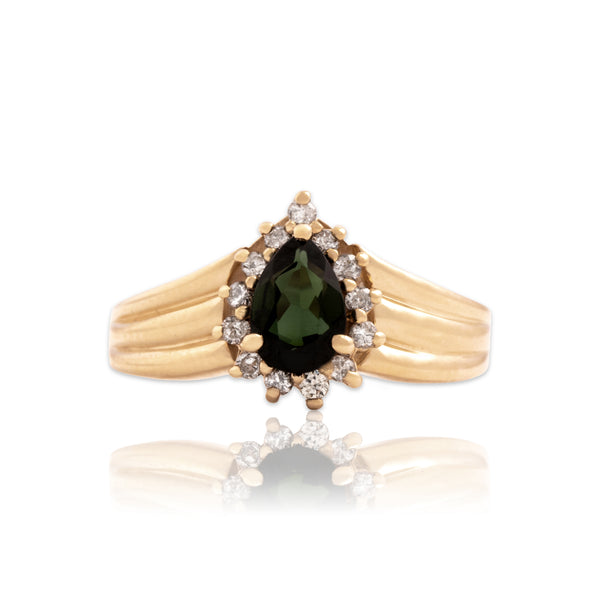 Vintage 14k Yellow Gold .51ct Green Tourmaline Diamond Chic Pear Halo Ring 7.25