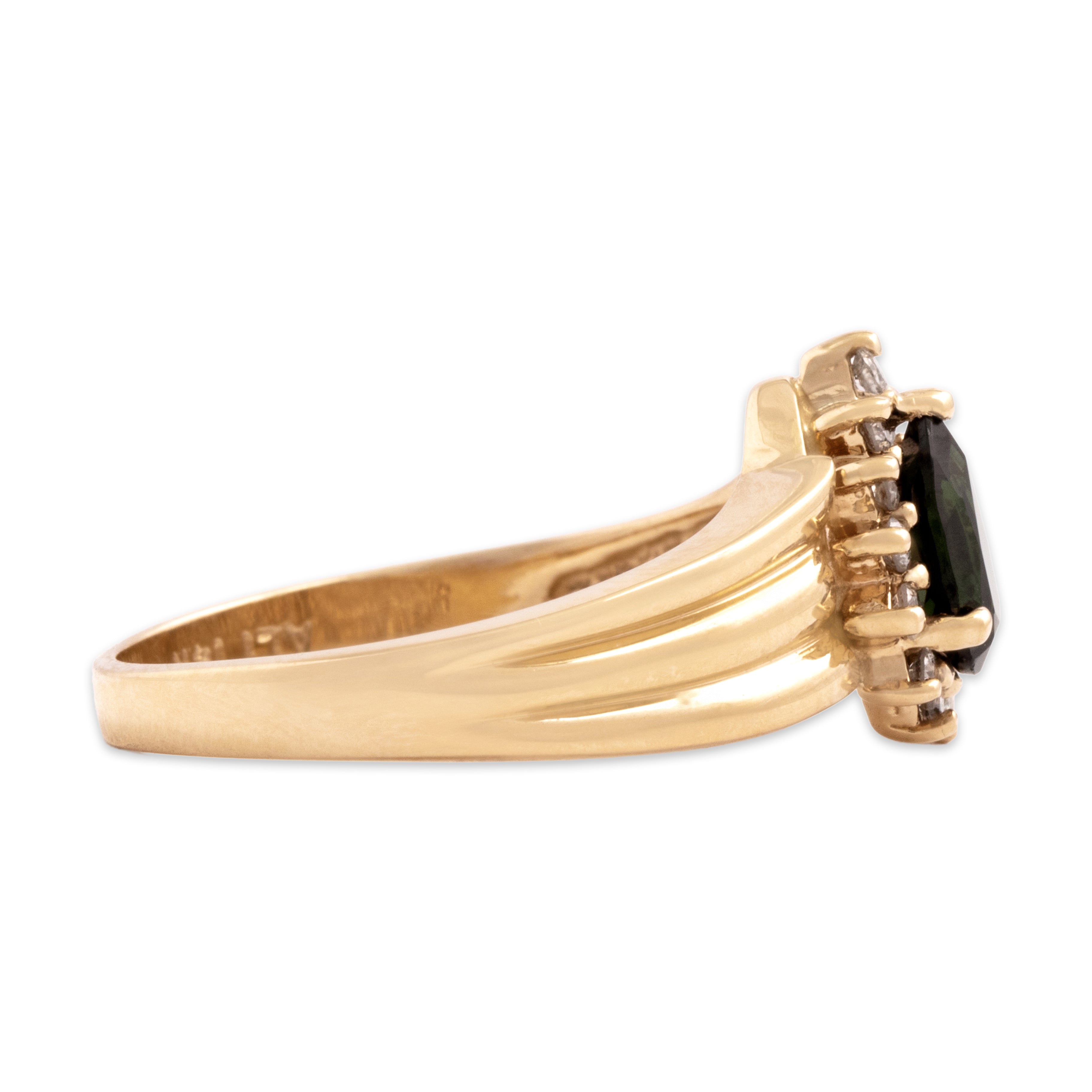 Vintage 14k Yellow Gold .51ct Green Tourmaline Diamond Chic Banded Pear Halo Ring - Side view