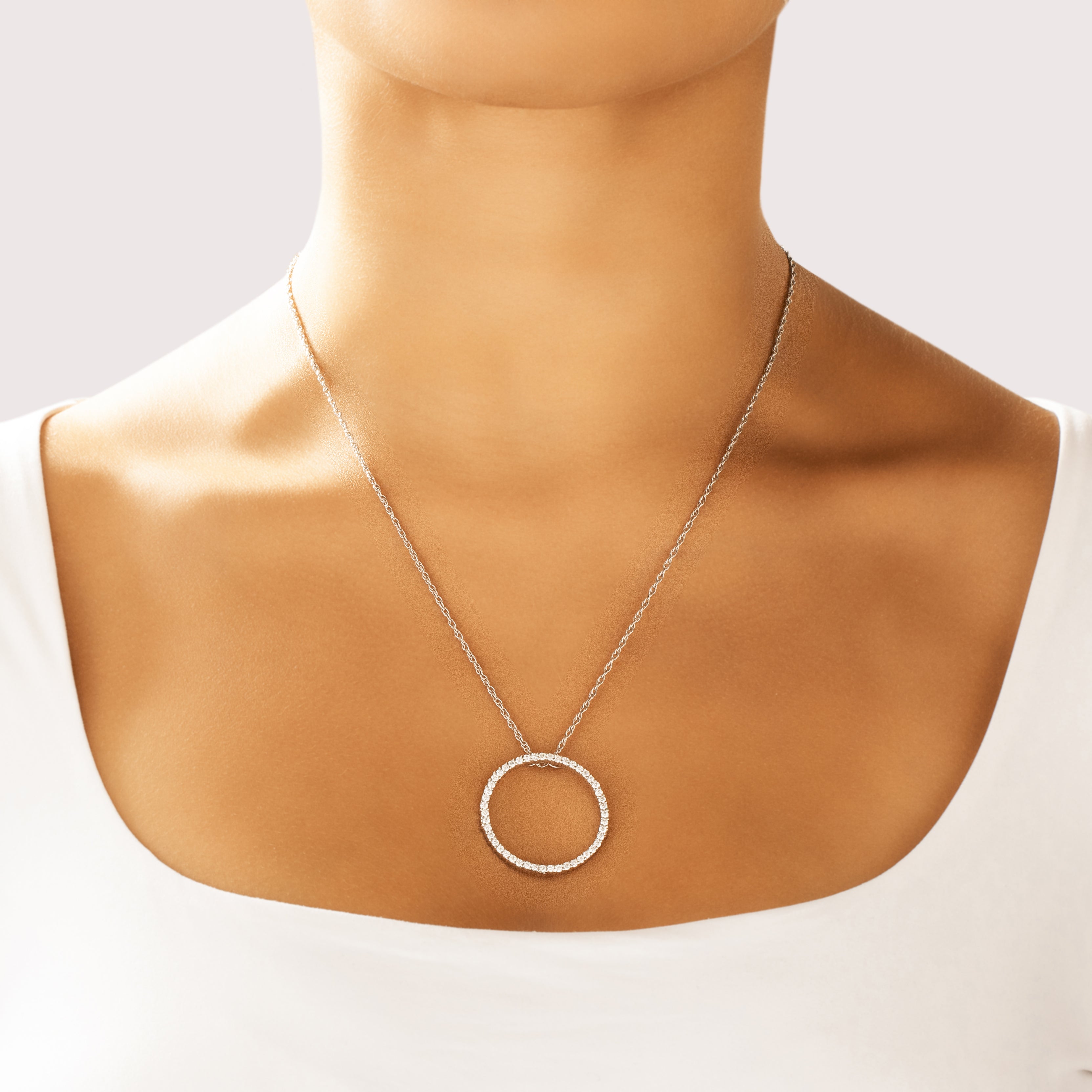 Vintage 18k White Gold .89cttw Diamond Sparkling Open Circle Slide Pendant - On model view