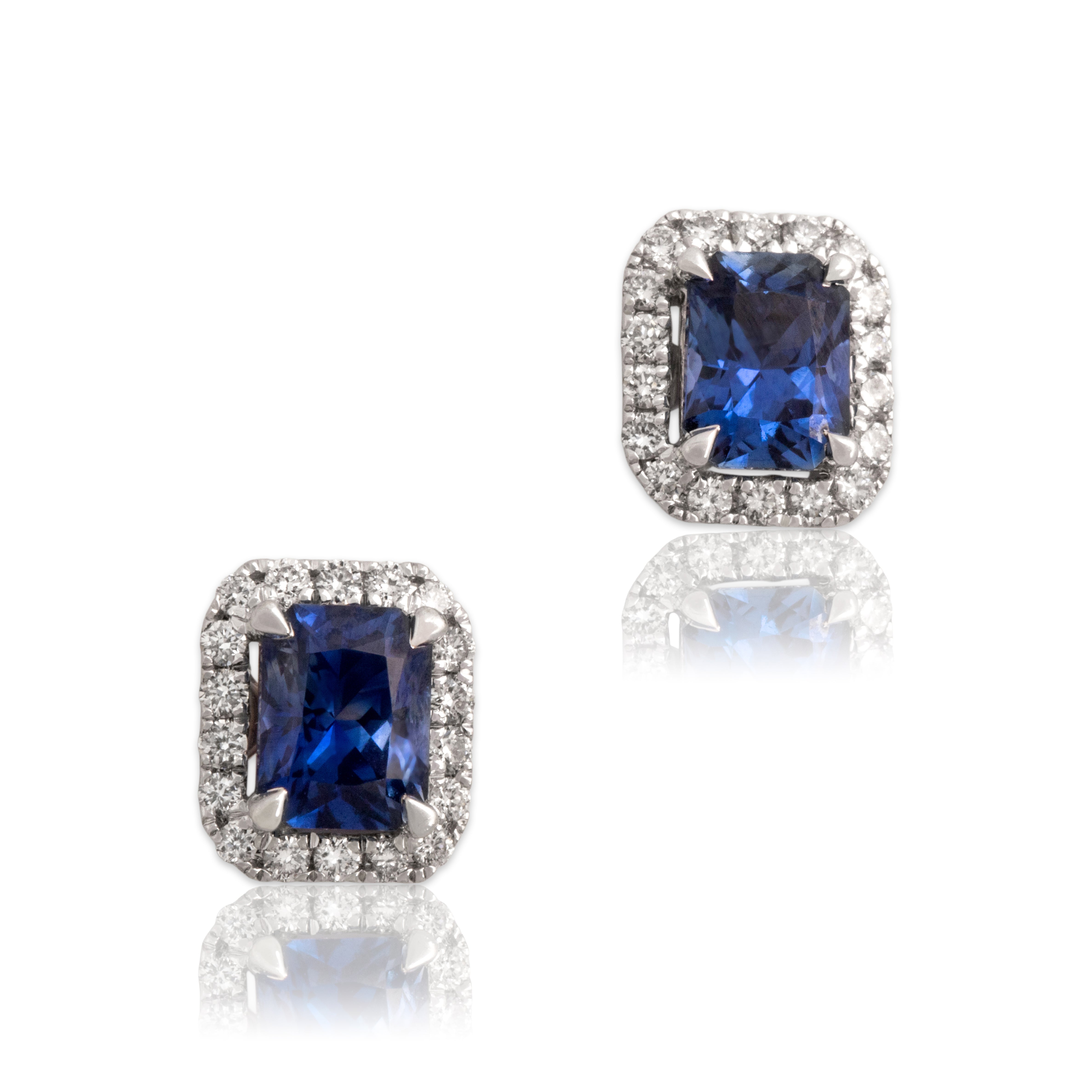 Estate 14k White Gold .85cttw Blue Sapphire Diamond Elegant Rectangular Halo Stud Earrings - Close-up view