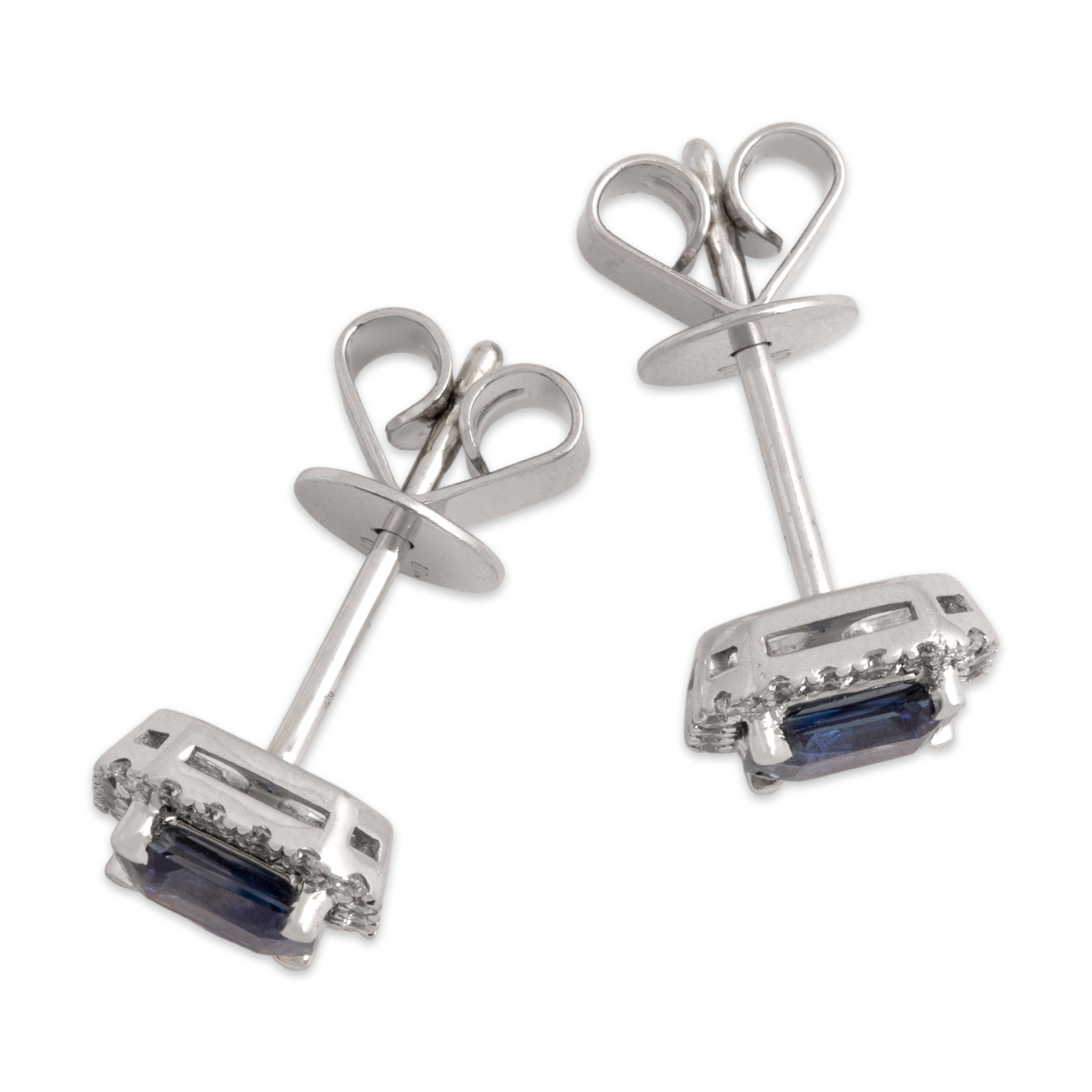 Estate 14k White Gold .85cttw Blue Sapphire Diamond Elegant Rectangular Halo Stud Earrings - Overall view