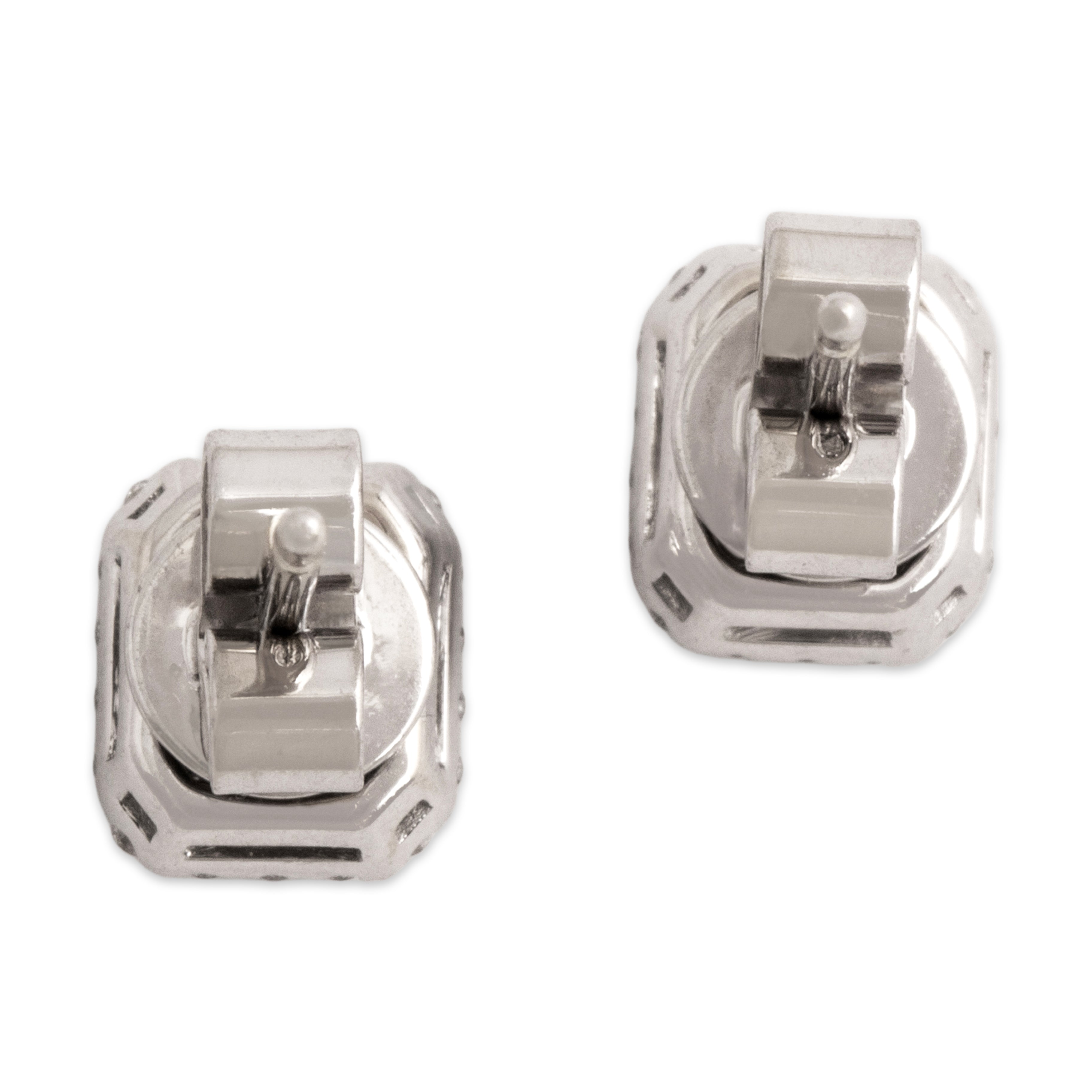 Estate 14k White Gold .85cttw Blue Sapphire Diamond Elegant Rectangular Halo Stud Earrings - Back view
