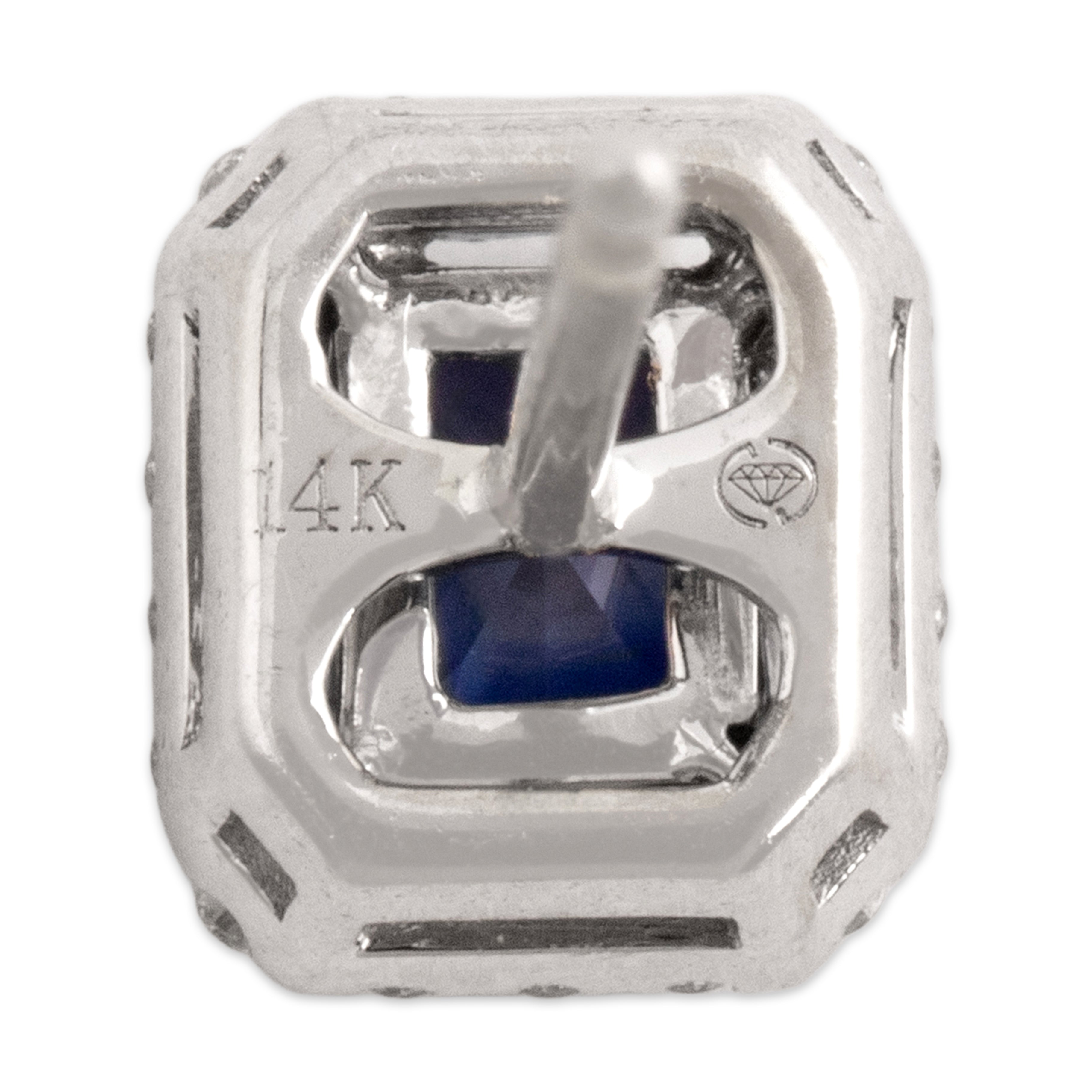 Estate 14k White Gold .85cttw Blue Sapphire Diamond Elegant Rectangular Halo Stud Earrings - Hallmark view