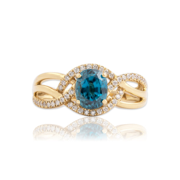 Estate 14k Yellow Gold 2.54ct Blue Zircon Diamond Woven Pavé Sparkle Ring 7.25