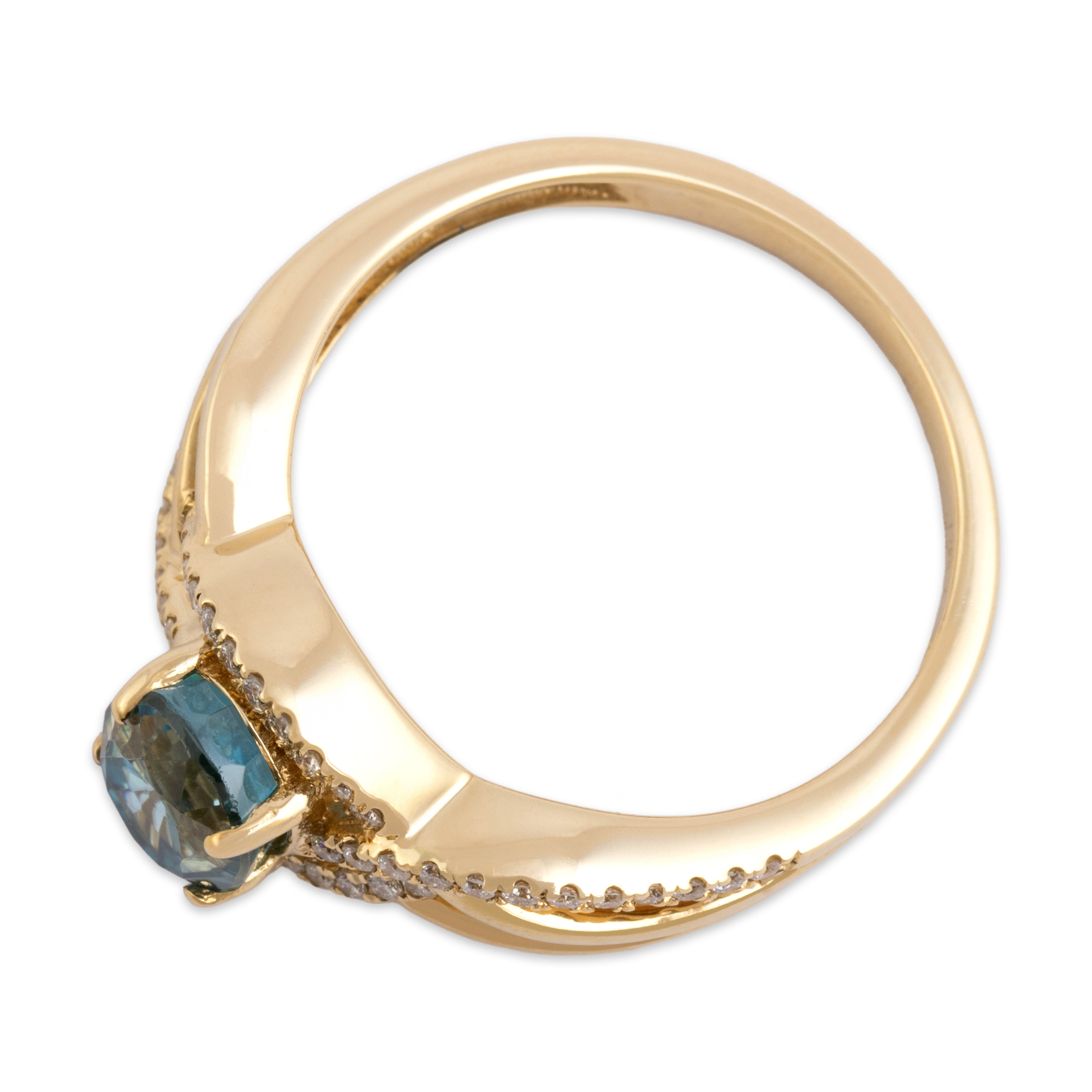 Estate 14k Yellow Gold 2.54ct Blue Zircon Diamond Woven Pave Sparkle Ring - Overall view
