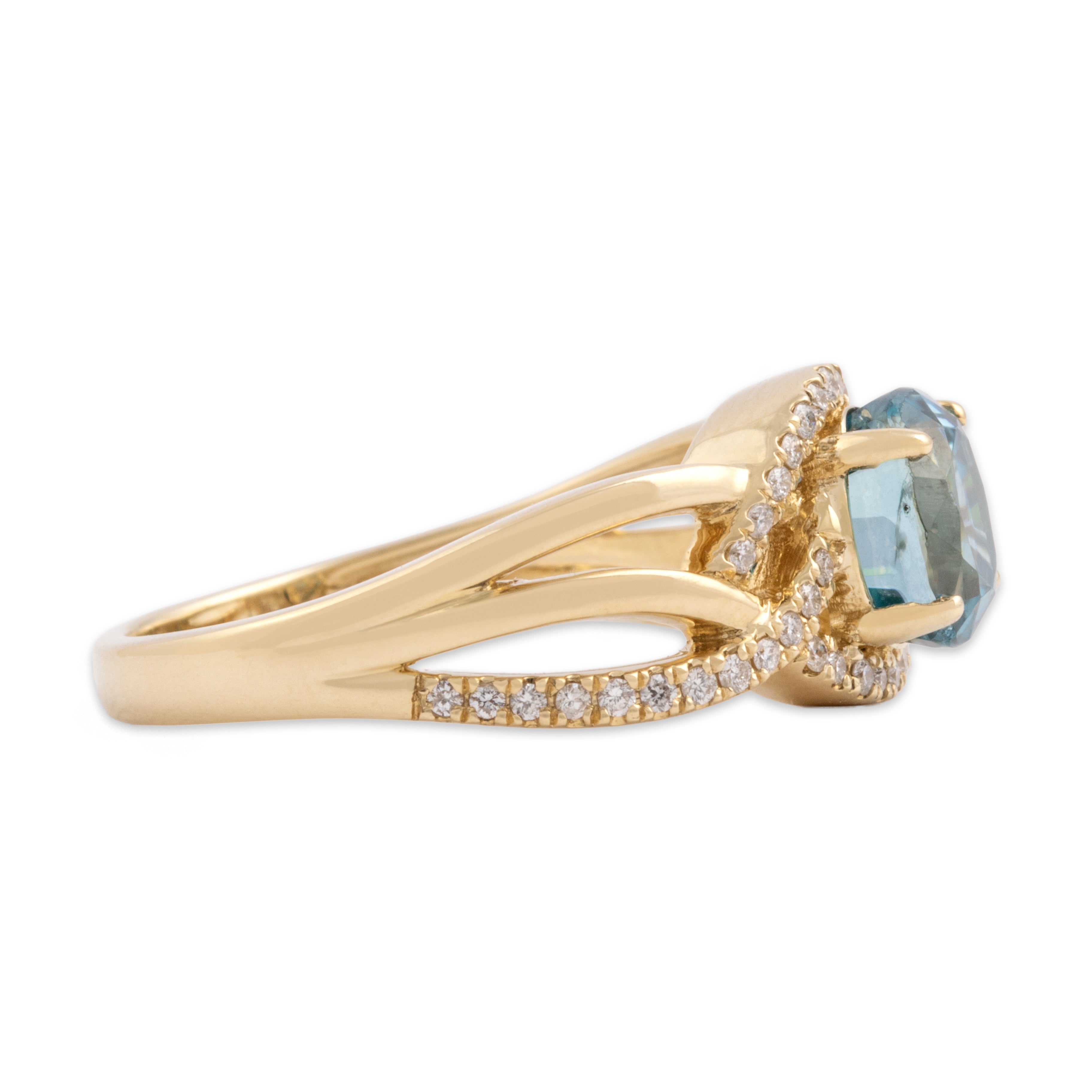 Estate 14k Yellow Gold 2.54ct Blue Zircon Diamond Woven Pave Sparkle Ring - Side view