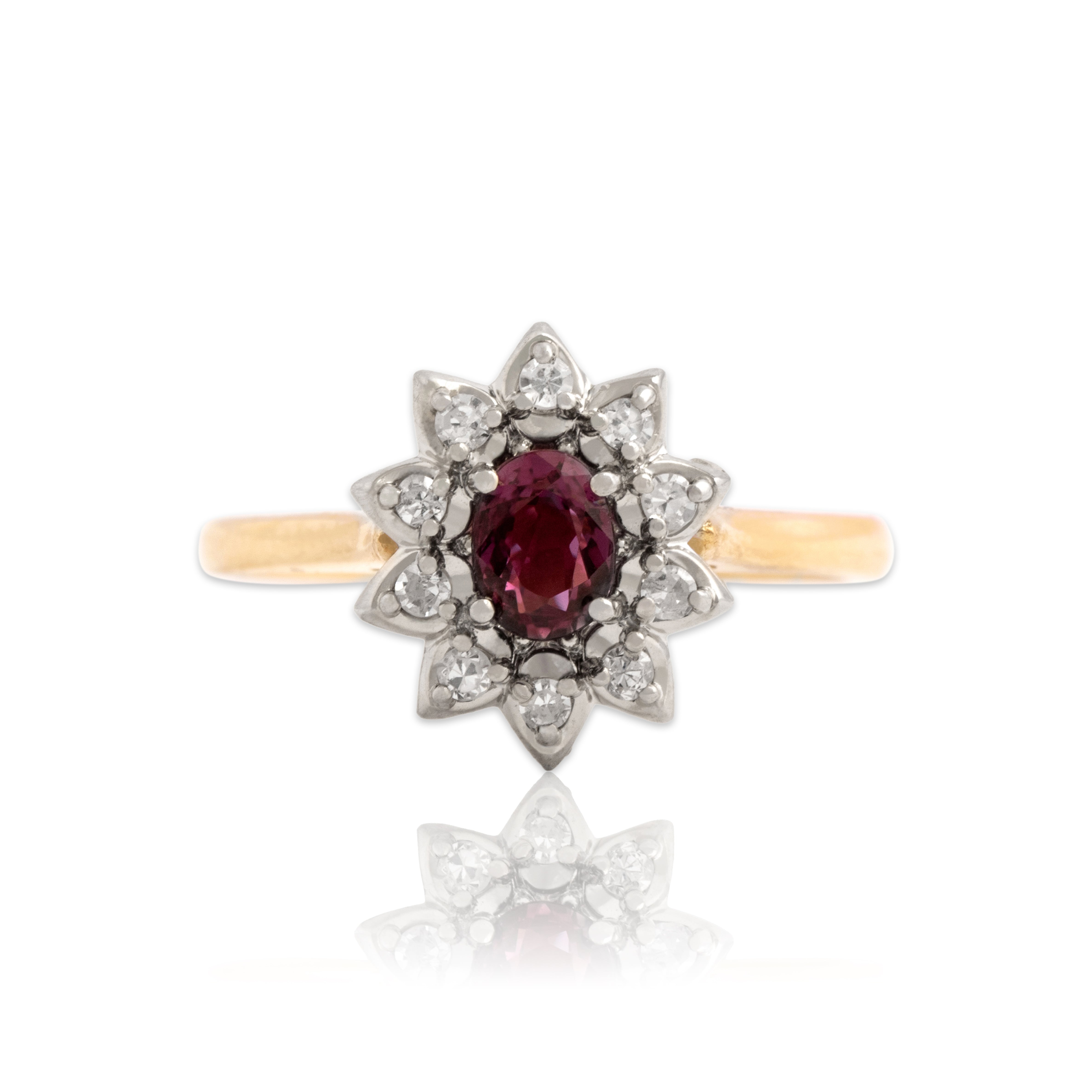 Vintage 14k Yellow & White Gold Ruby Diamond Dazzling Floriform Halo Ring - Close-up view