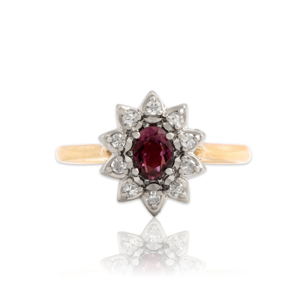 Vintage 14k Yellow & White Gold Ruby Diamond Dazzling Floriform Halo Ring 7.00