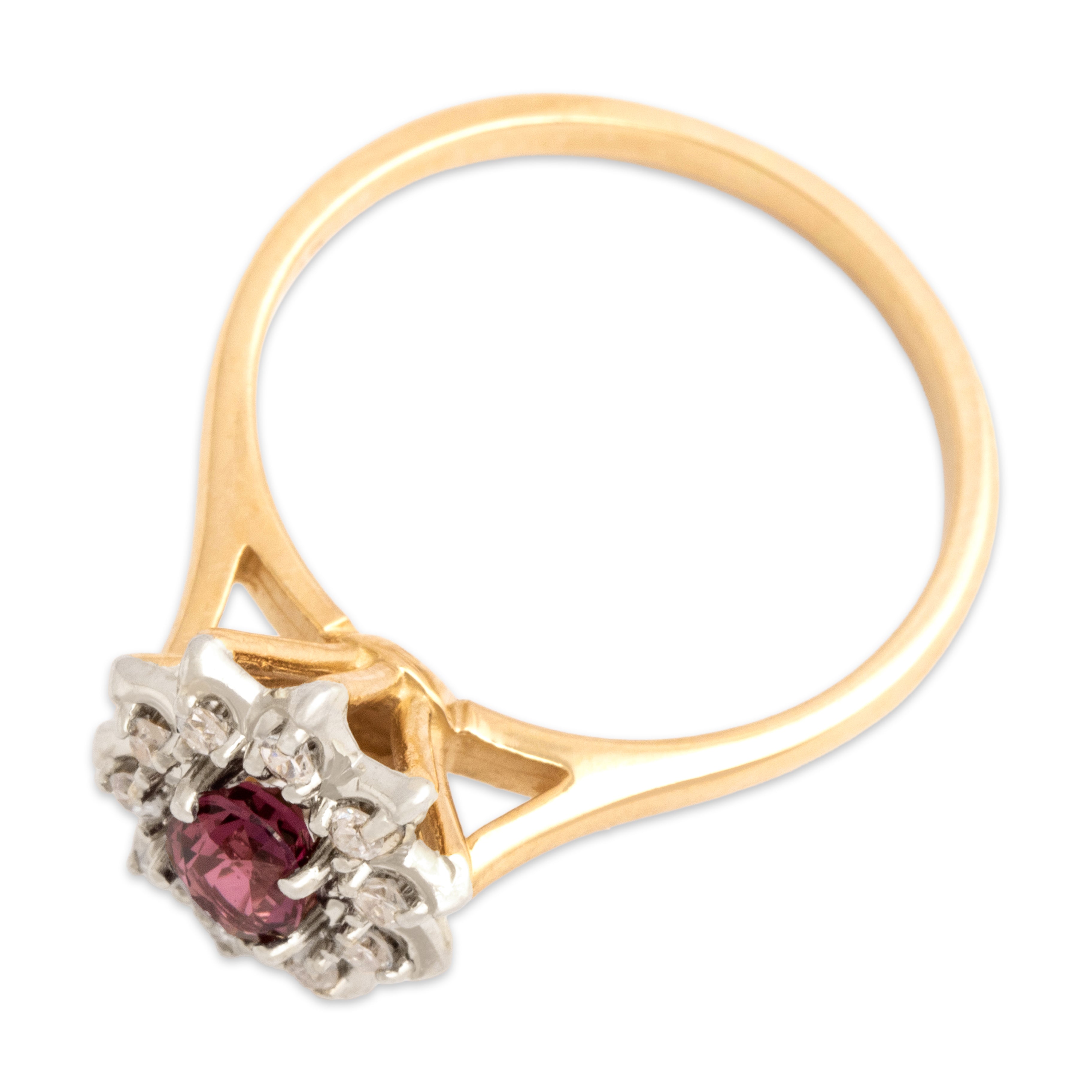 Vintage 14k Yellow & White Gold Ruby Diamond Dazzling Floriform Halo Ring 7.00