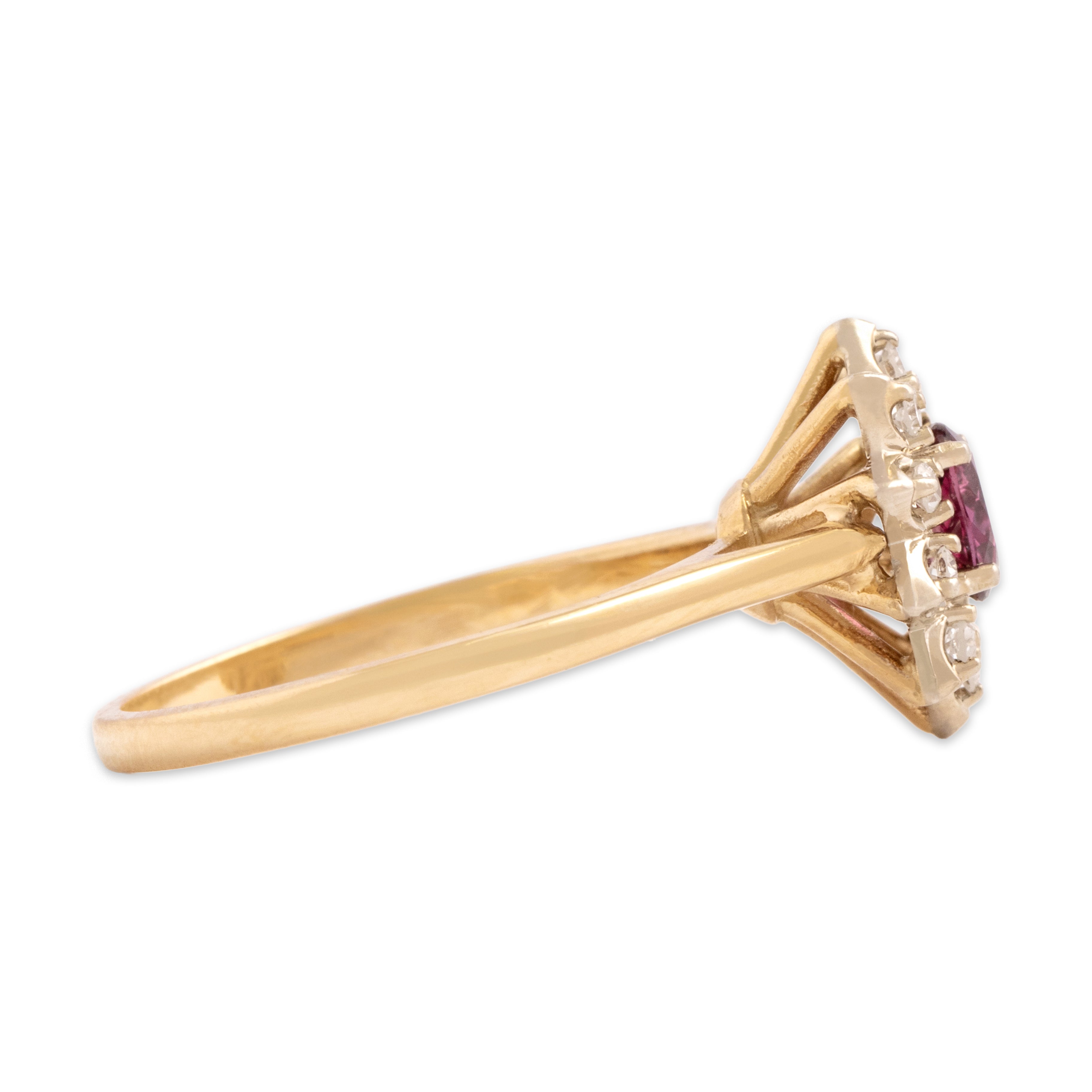 Vintage 14k Yellow & White Gold Ruby Diamond Dazzling Floriform Halo Ring - Side view