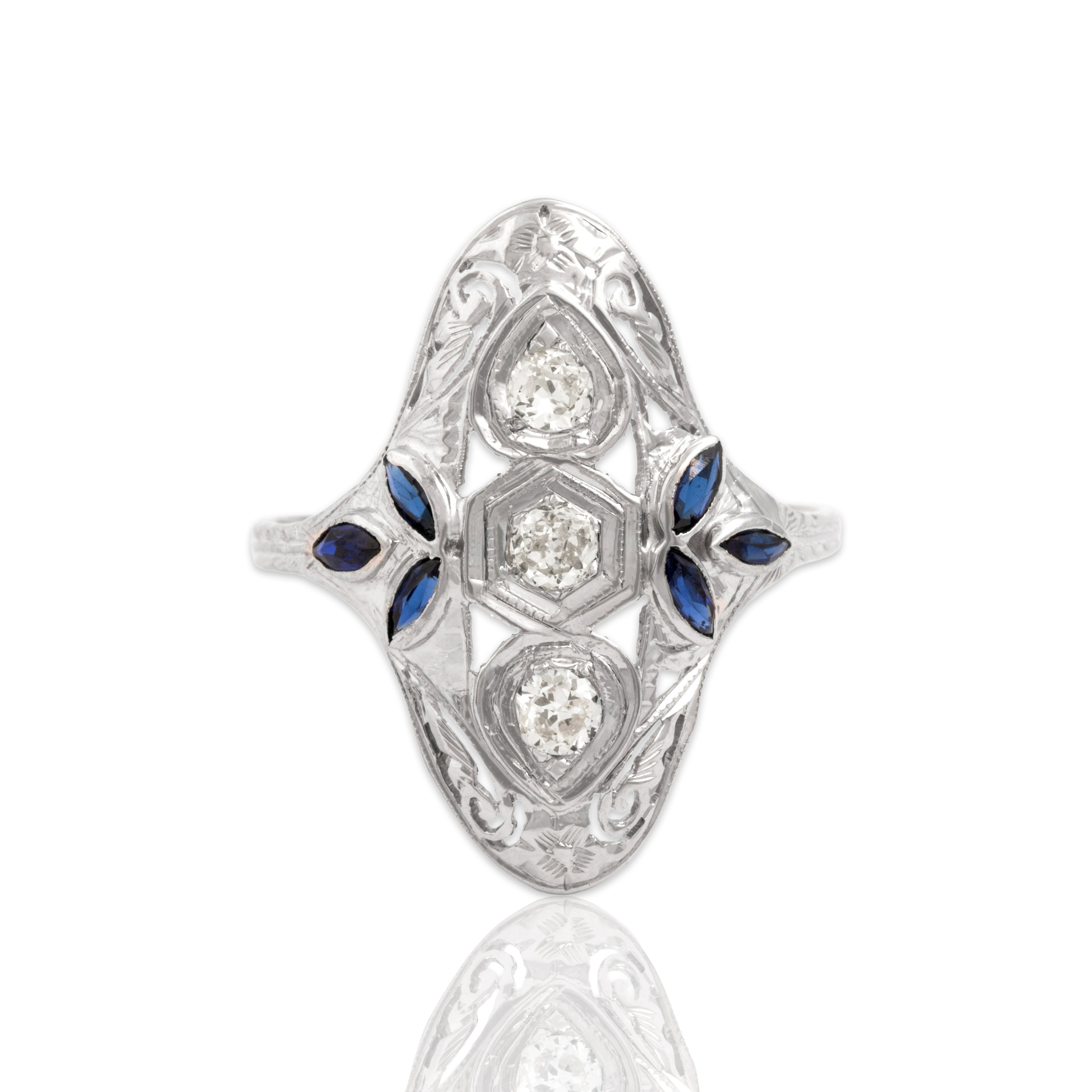 Antique 18k White Gold Natural Old European Diamond Blue Synthetic Sapphire Ring 8.50