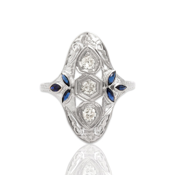 Antique 18k White Gold Natural Old European Diamond Blue Synthetic Sapphire Ring 8.50