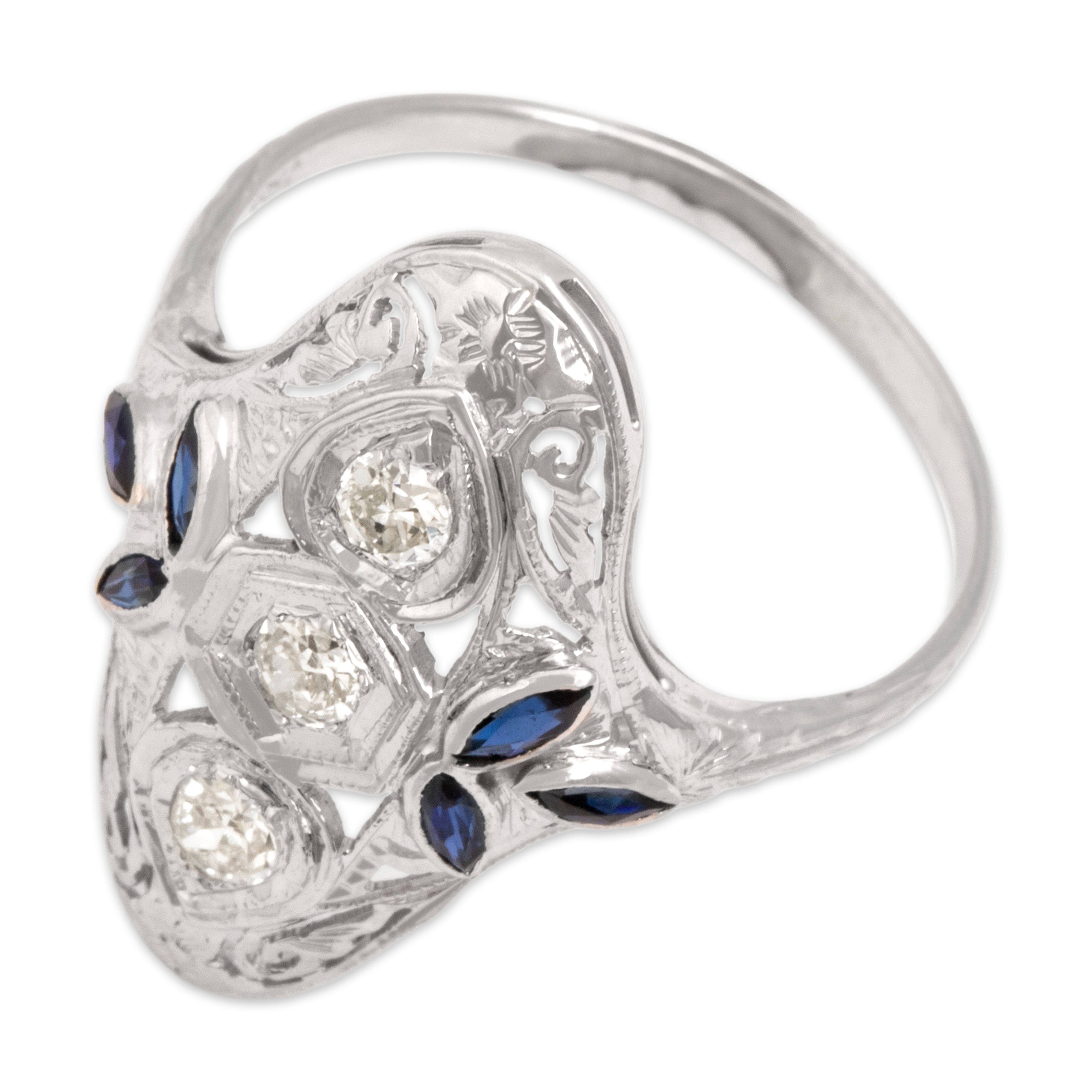 Antique 18k White Gold Natural Old European Diamond Blue Synthetic Sapphire Ring 8.50