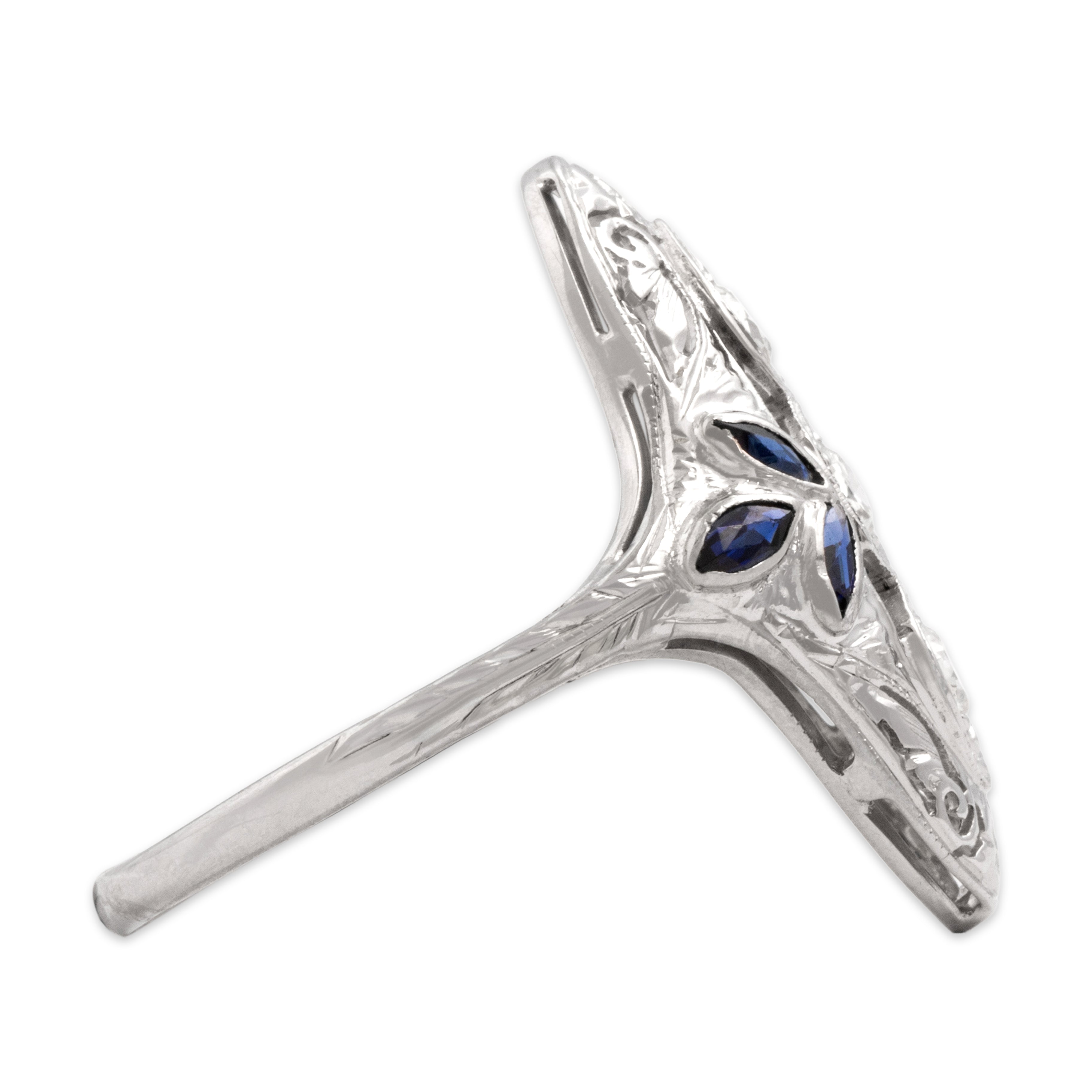 Antique Art Deco 18k White Gold Old European Cut Diamond Blue Synthetic Sapphire Stunning Marquise Spray Shield Ring - Side view