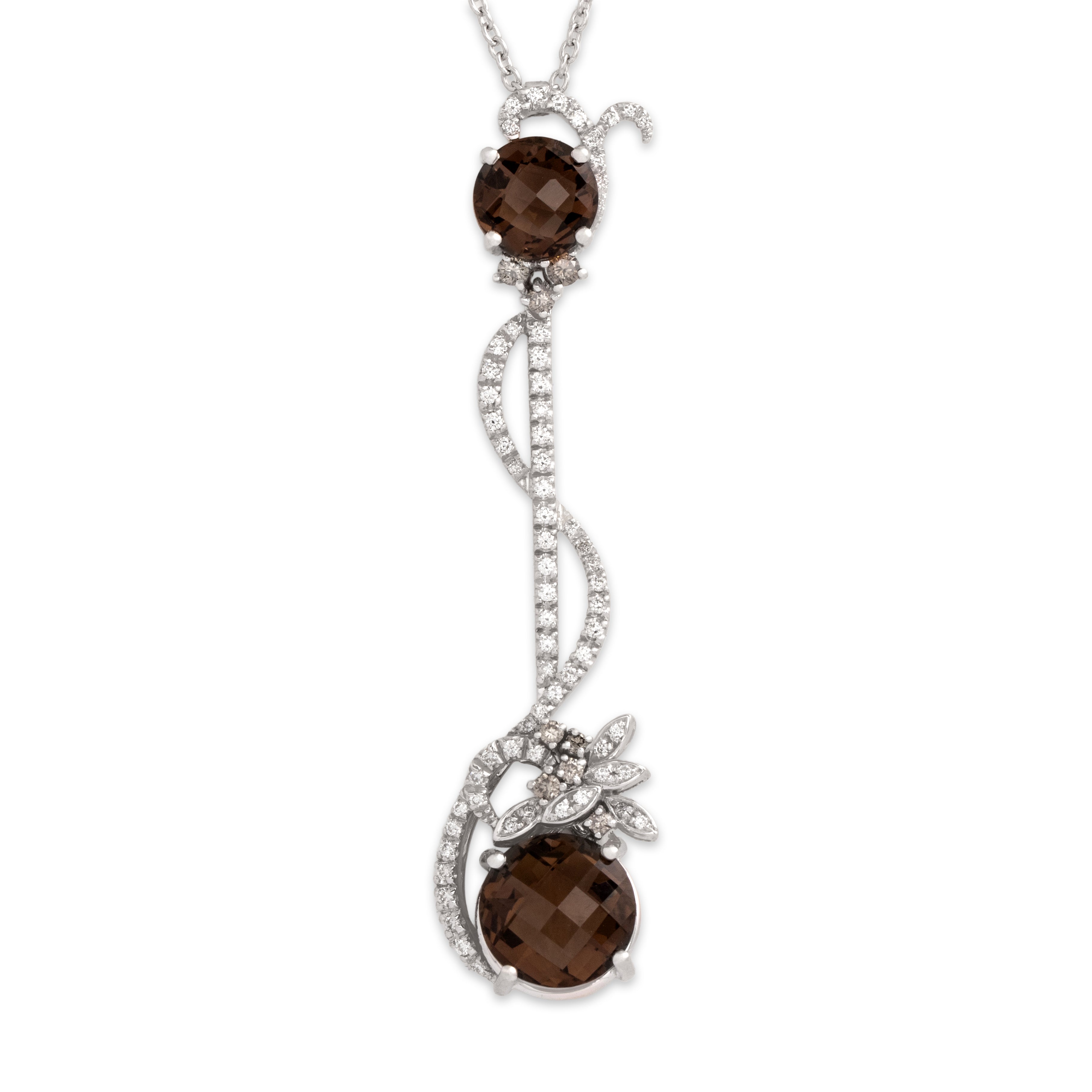 Estate Italian 18k White Gold 4.18cttw Smoky Quartz White Diamond Chocolate Diamond Incredible Vine Dangle Adjustable Necklace - detail view #1