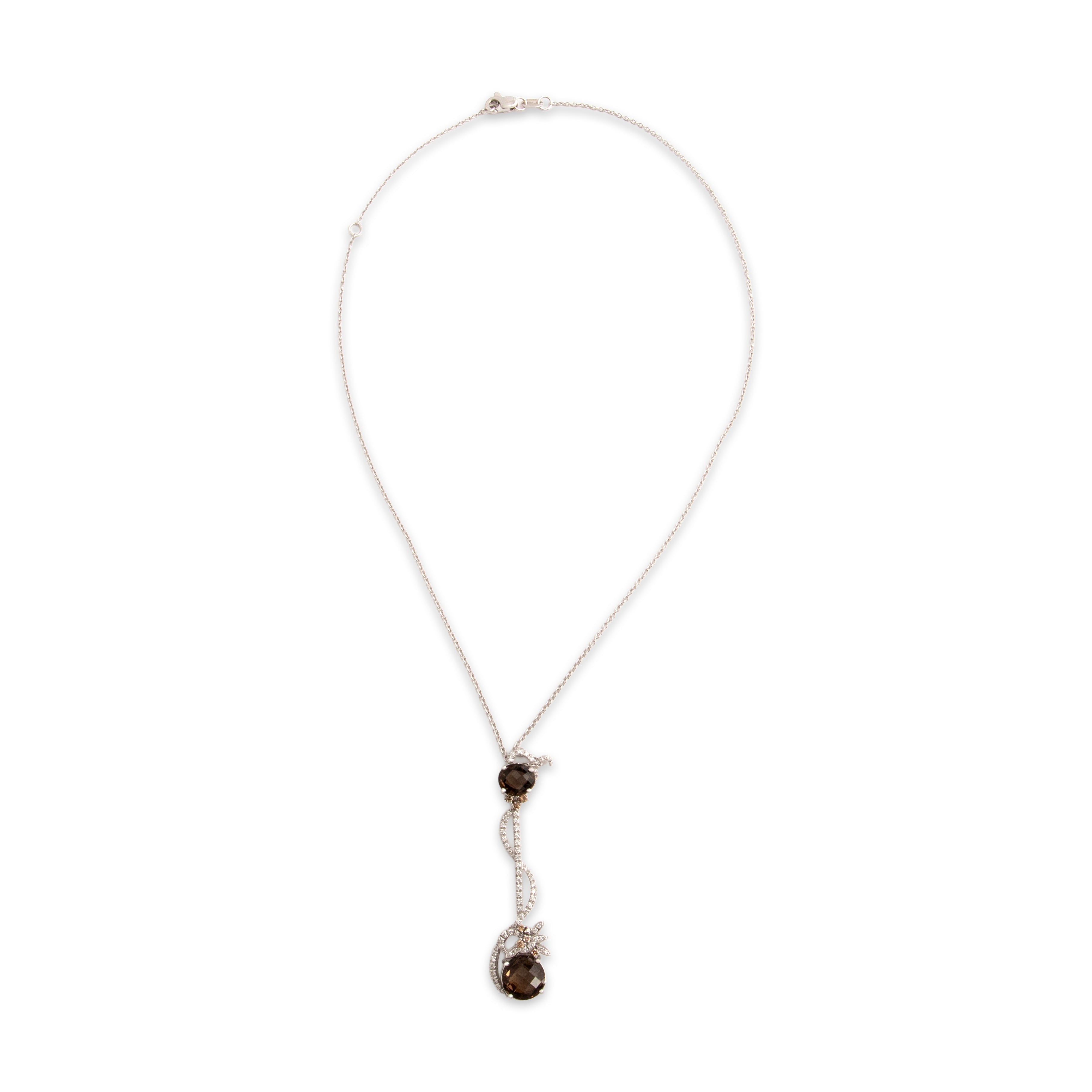 Estate Italian 18k White Gold 4.18cttw Smoky Quartz White Diamond Chocolate Diamond Incredible Vine Dangle Adjustable Necklace - Overall view