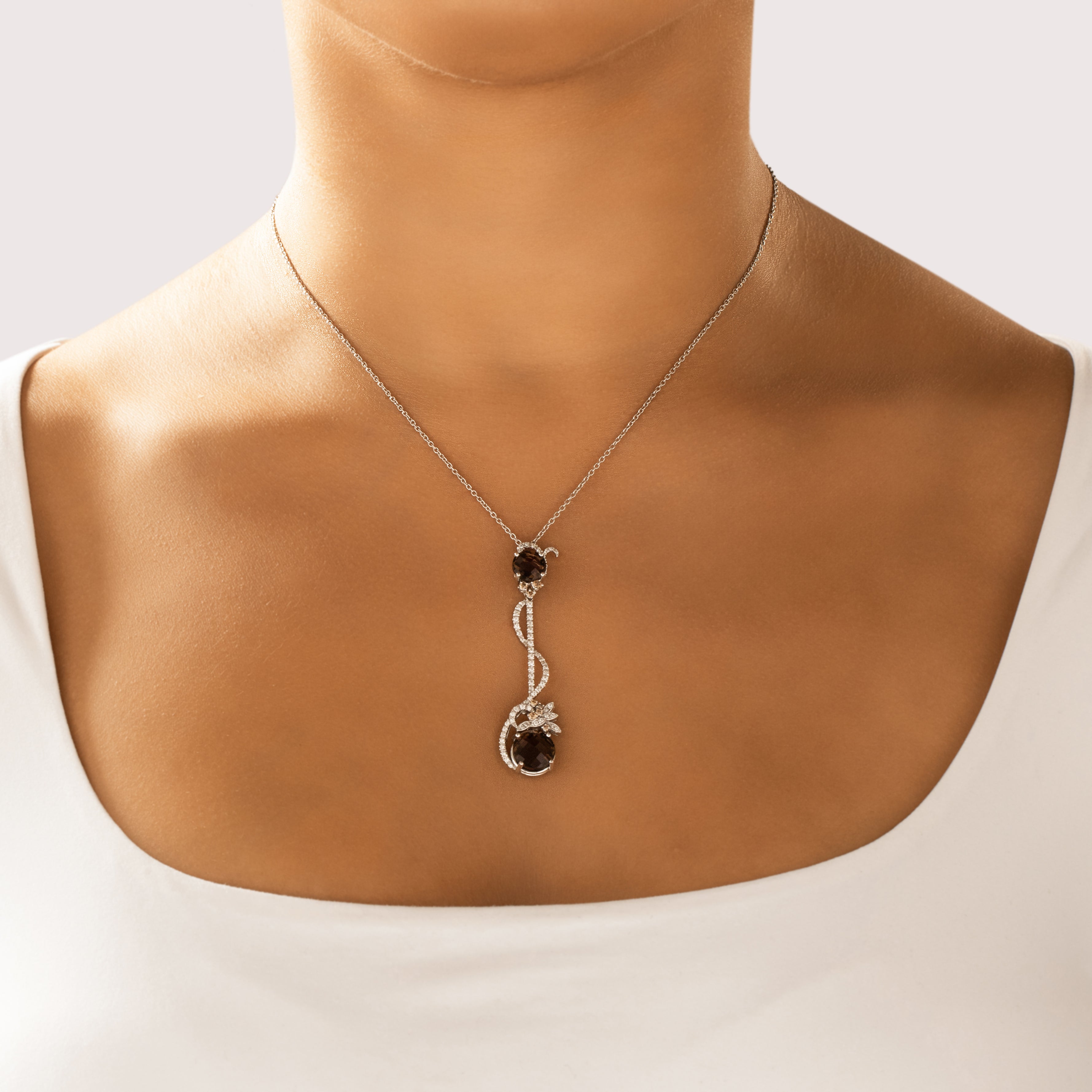 Estate Italian 18k White Gold 4.18cttw Smoky Quartz White Diamond Chocolate Diamond Incredible Vine Dangle Adjustable Necklace - On model view