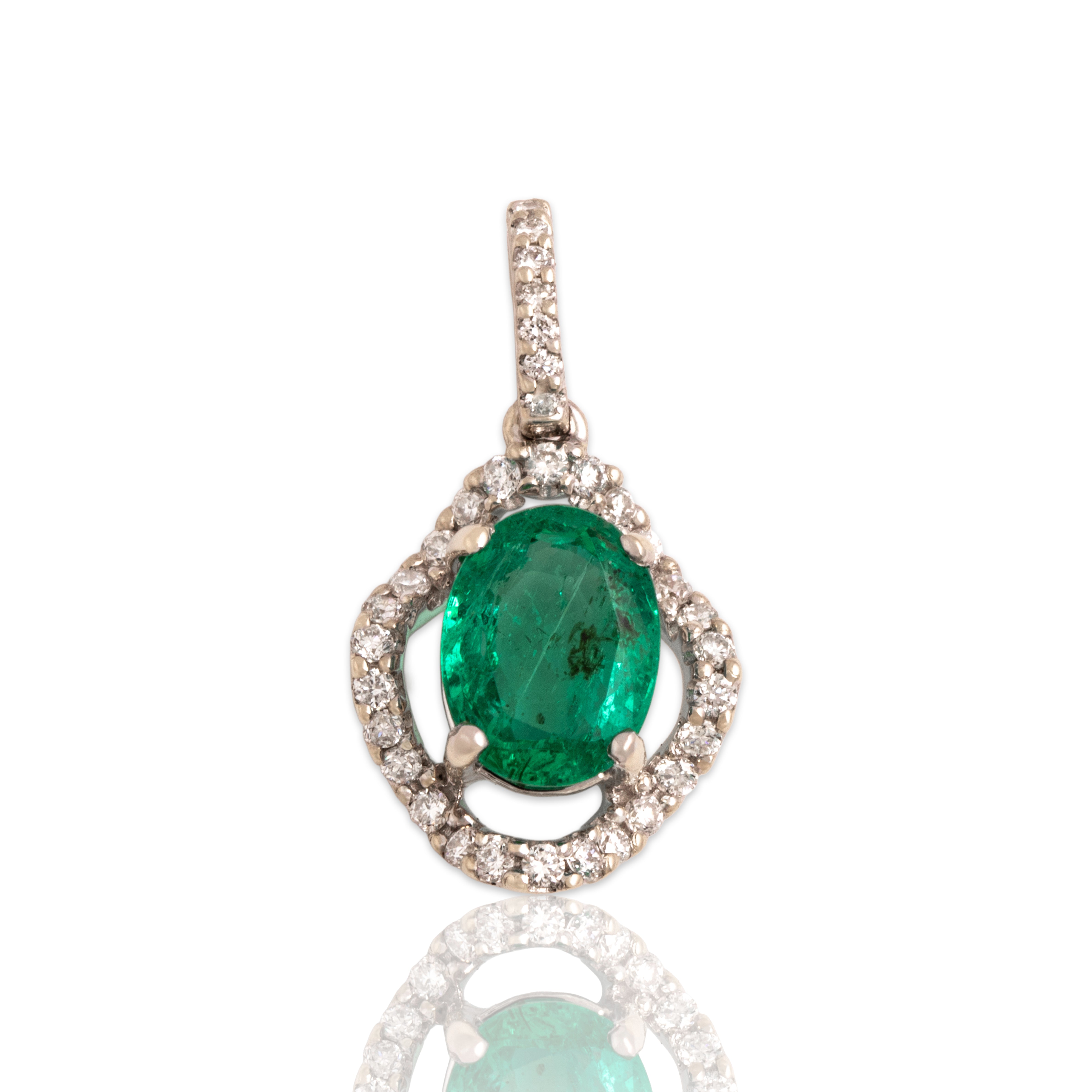 Vintage 18k White Gold .98ct Emerald Diamond Dazzling Waving Halo Pendant
