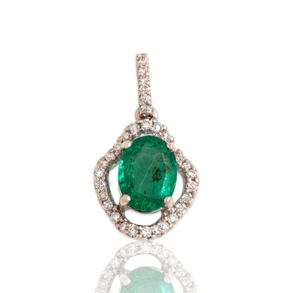 Vintage 18k White Gold .98ct Emerald Diamond Dazzling Waving Halo Pendant
