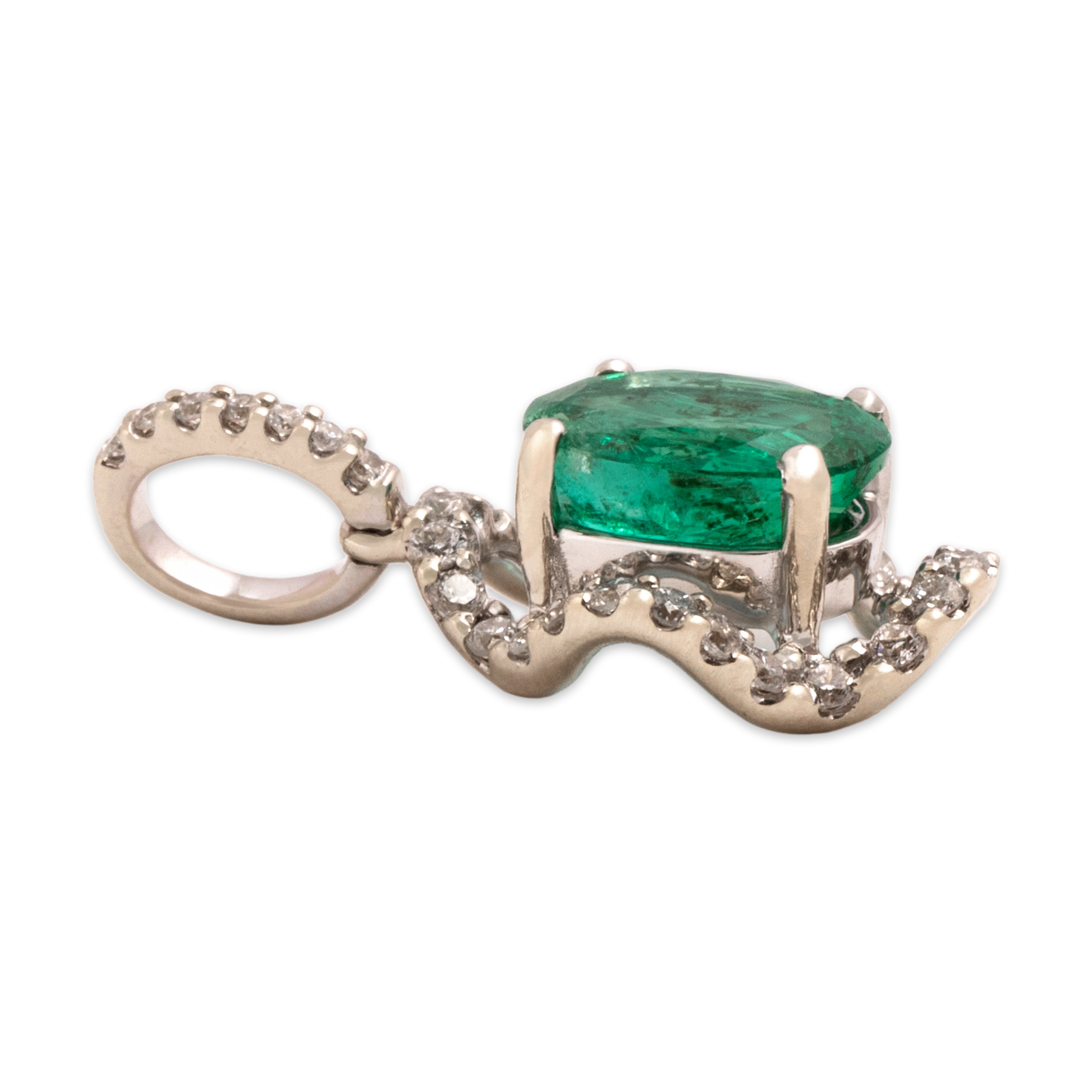 Vintage 18k White Gold .98ct Emerald Diamond Dazzling Waving Halo Pendant