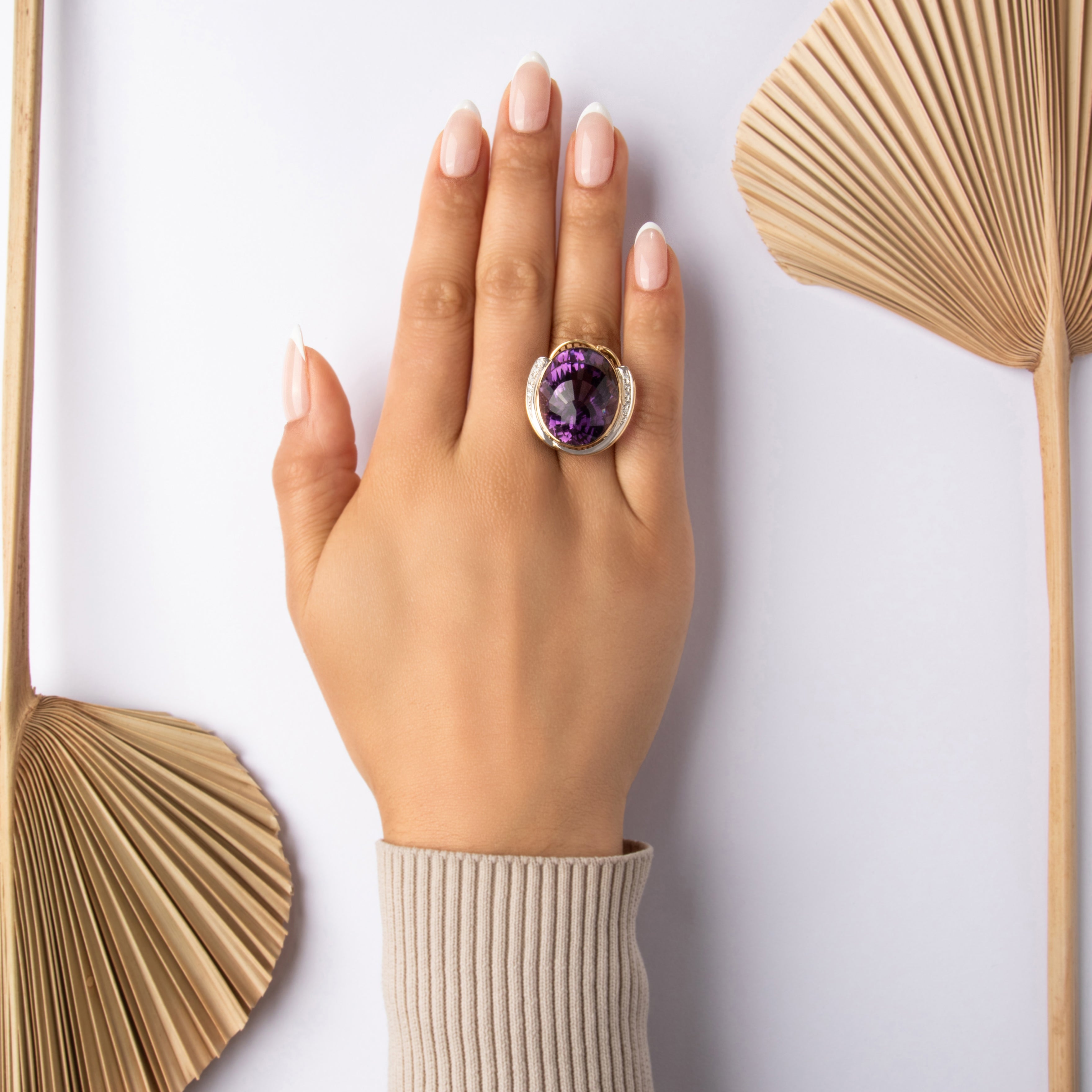 Vintage 18k Yellow Gold & Platinum 34.76ct Amethyst Diamond Oversized Cocktail Ring 7.50