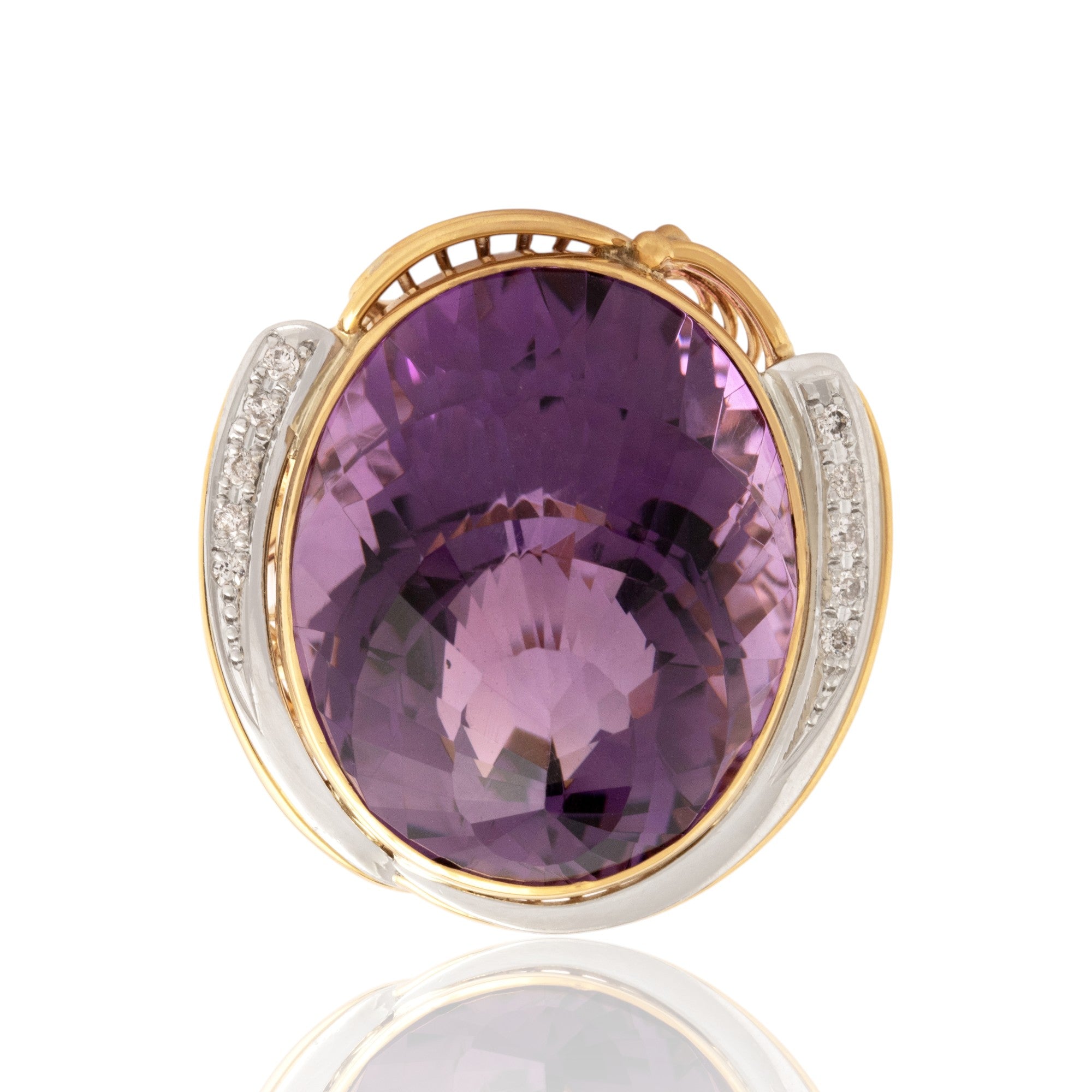 Vintage 18k Yellow Gold & Platinum 34.76ct Amethyst Diamond Oversized Cocktail Ring 7.50