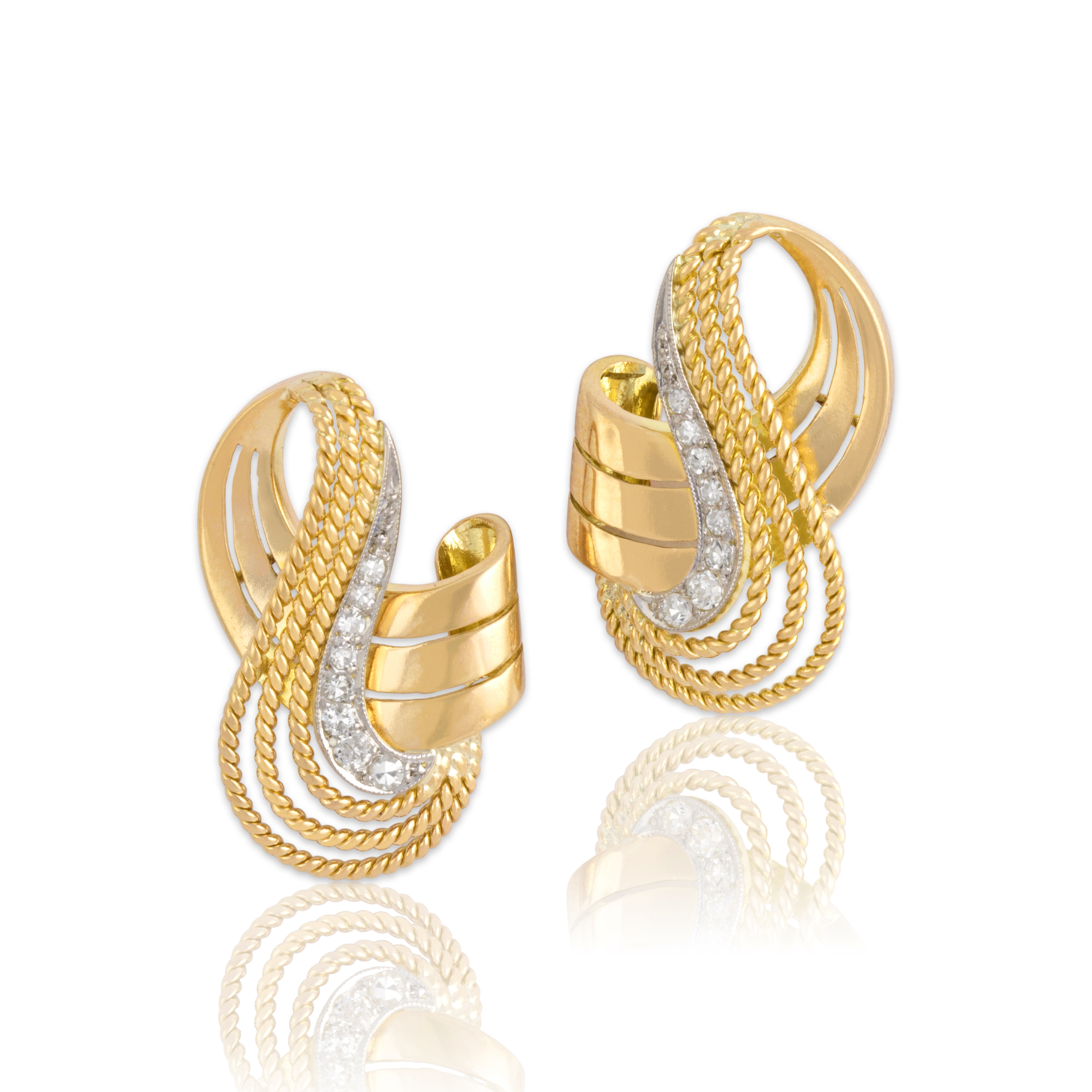Vintage 18k Yellow Gold Diamond Dazzling Swirling Cabled Ribbon Statement Earrings
