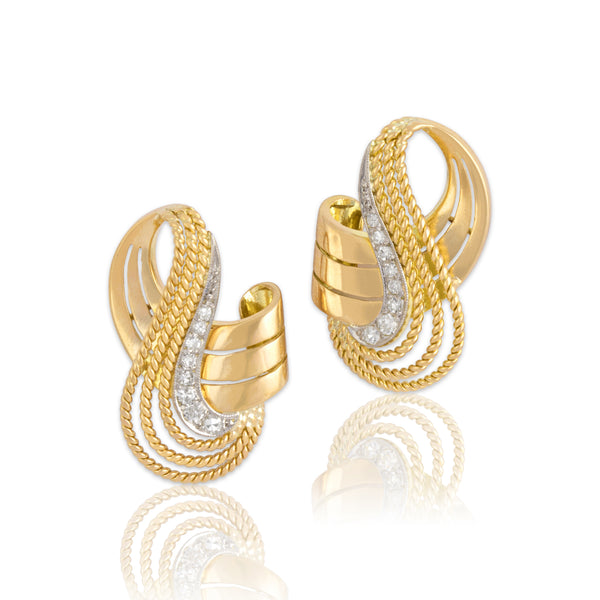 Vintage 18k Yellow Gold Diamond Dazzling Swirling Cabled Ribbon Statement Earrings