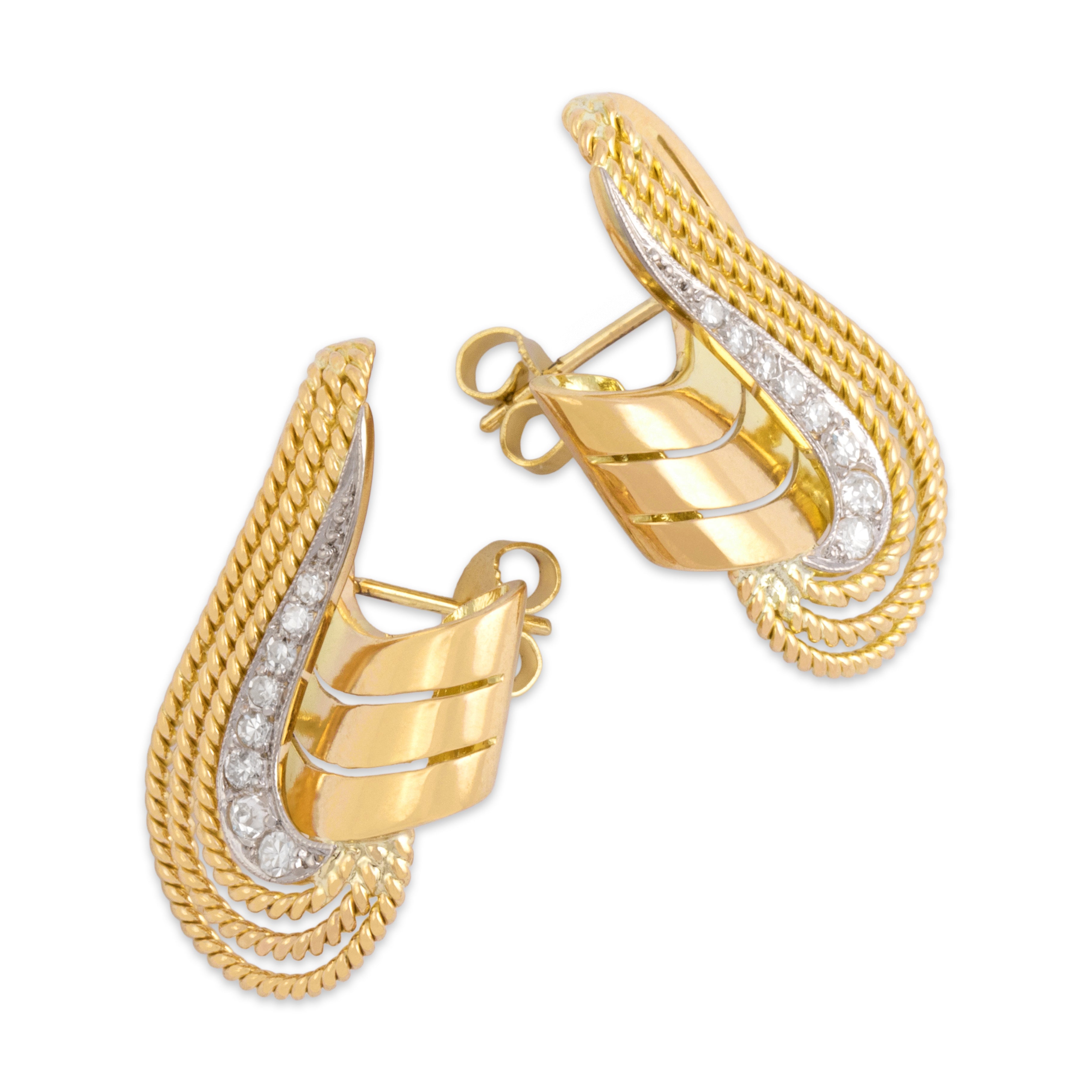 Vintage 18k Yellow Gold Diamond Dazzling Swirling Cabled Ribbon Statement Earrings