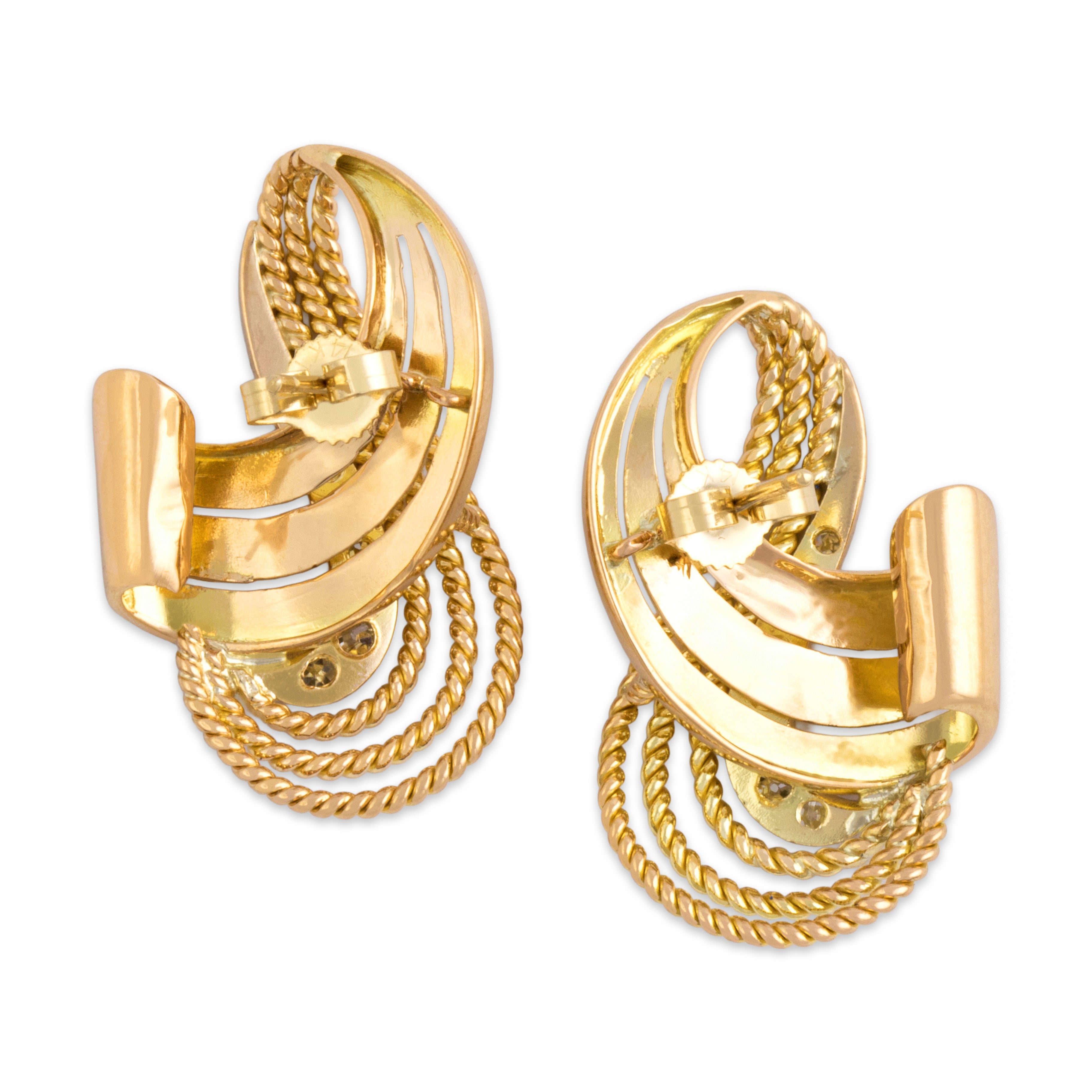 Vintage 18k Yellow Gold Diamond Dazzling Swirling Cabled Ribbon Statement Earrings