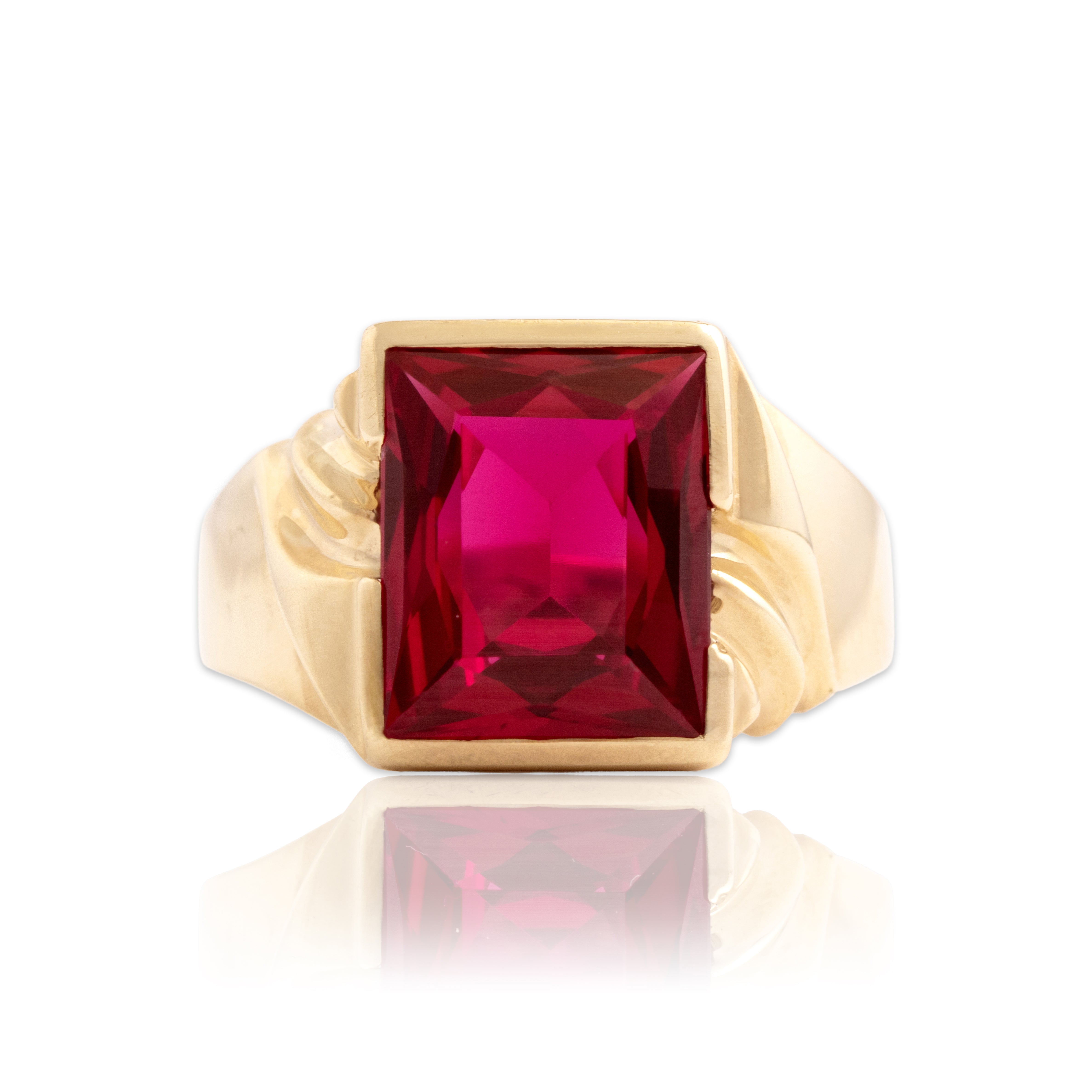 Vintage 10k Yellow Gold 6.72ct Synthetic Ruby Vibrant Rectangular Ring - Close-up view