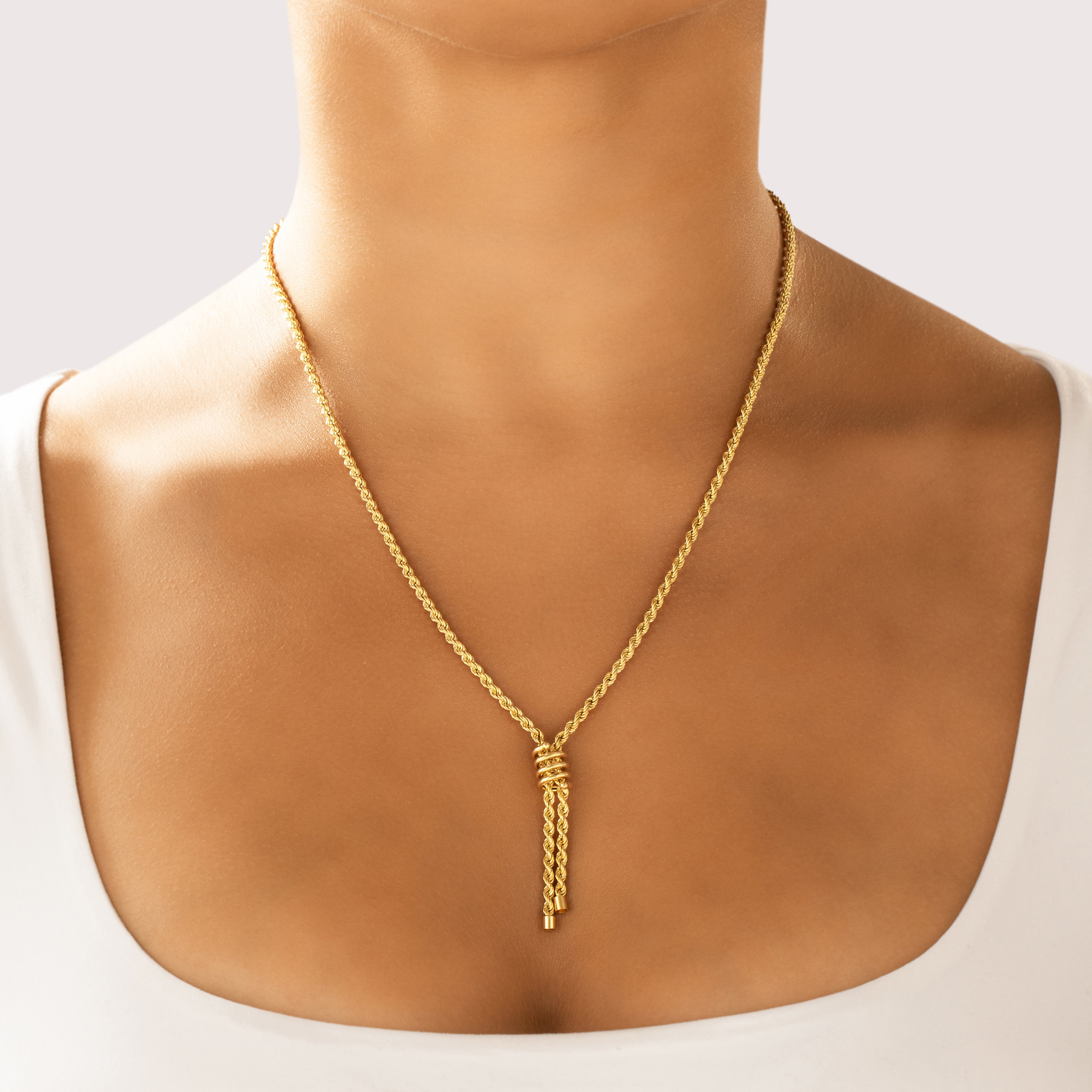 Vintage 14k Yellow Gold Spiraling Rope Chain Lariat Necklace - On model view