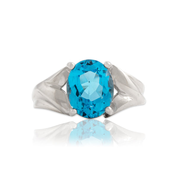 Vintage 10k White Gold 3.08ct Blue Topaz Vivid Oval Solitaire Ring 7.00