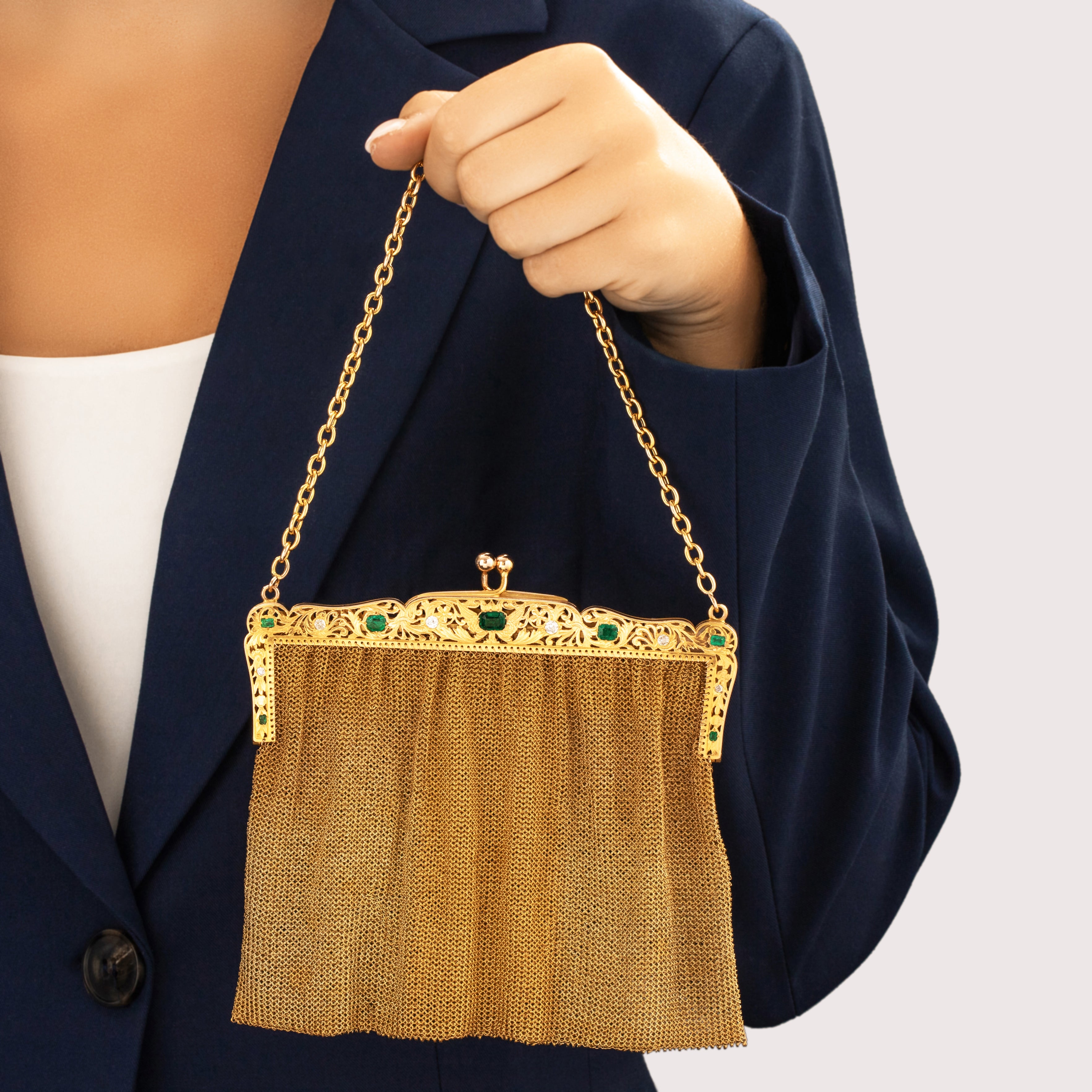 Antique 18k Yellow Gold 2.56cttw Emerald .86cttw Old Mine Cut Diamond Mesh Purse Apparel & Accessories - On model view
