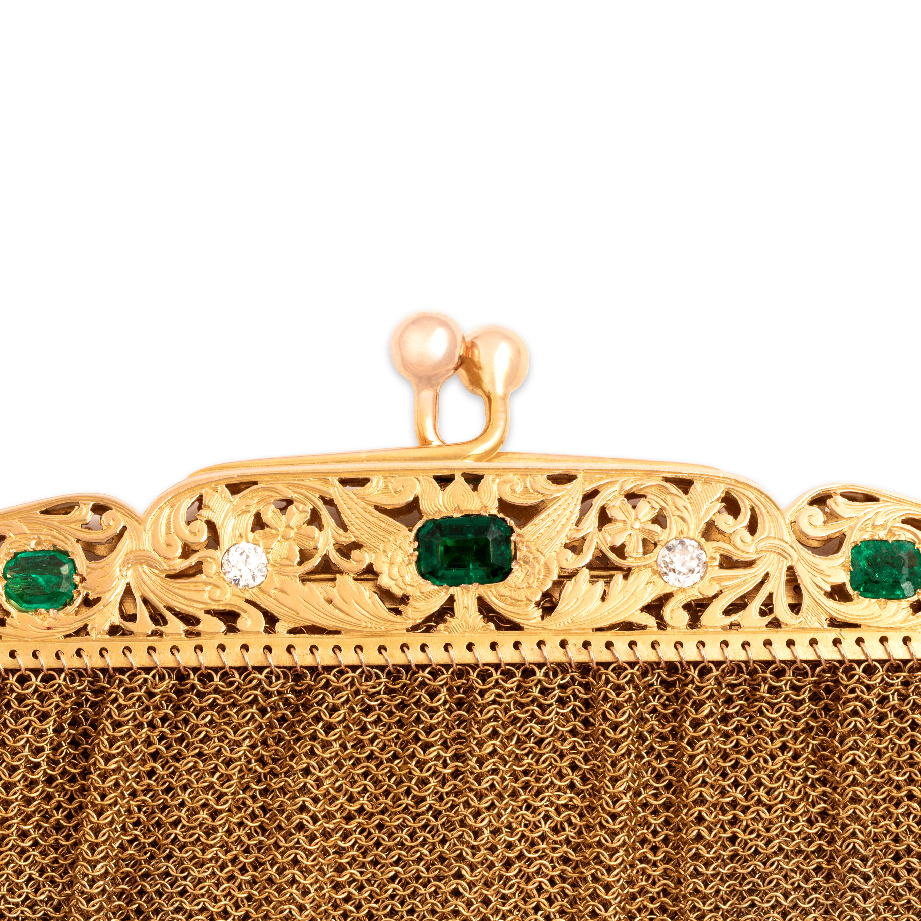 Antique 18k Yellow Gold 2.56cttw Emerald .86cttw Old Mine Cut Diamond Mesh Purse Apparel & Accessories - detail view #2