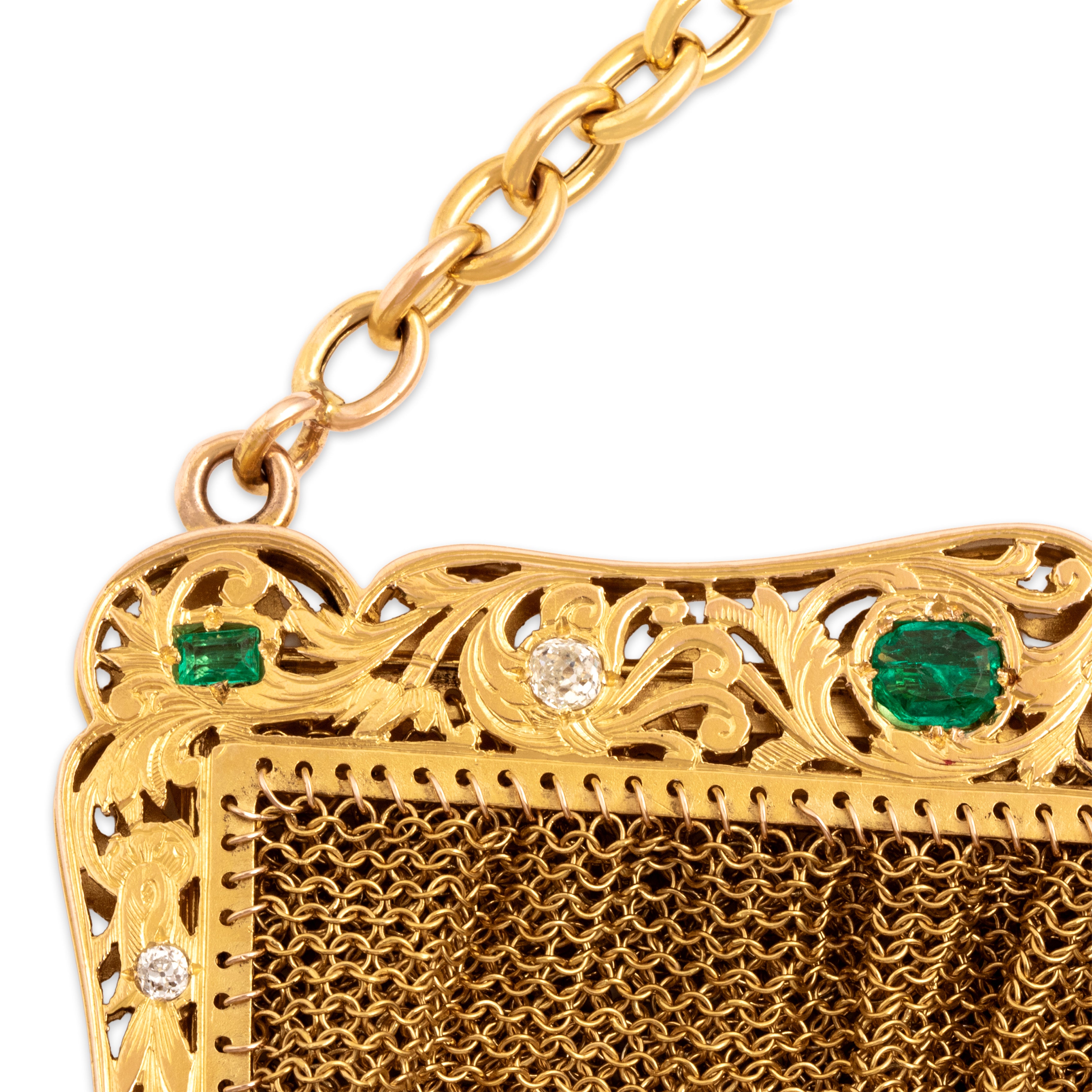 Antique 18k Yellow Gold 2.56cttw Emerald .86cttw Old Mine Cut Diamond Mesh Purse Apparel & Accessories - detail view #4